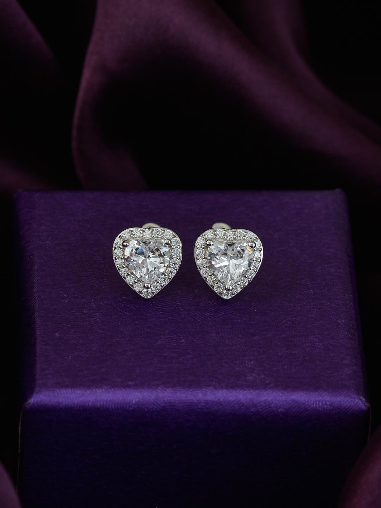 925 Silver Heart AAA Grade American Diamond Halo Studs Earrings for Women & Girls