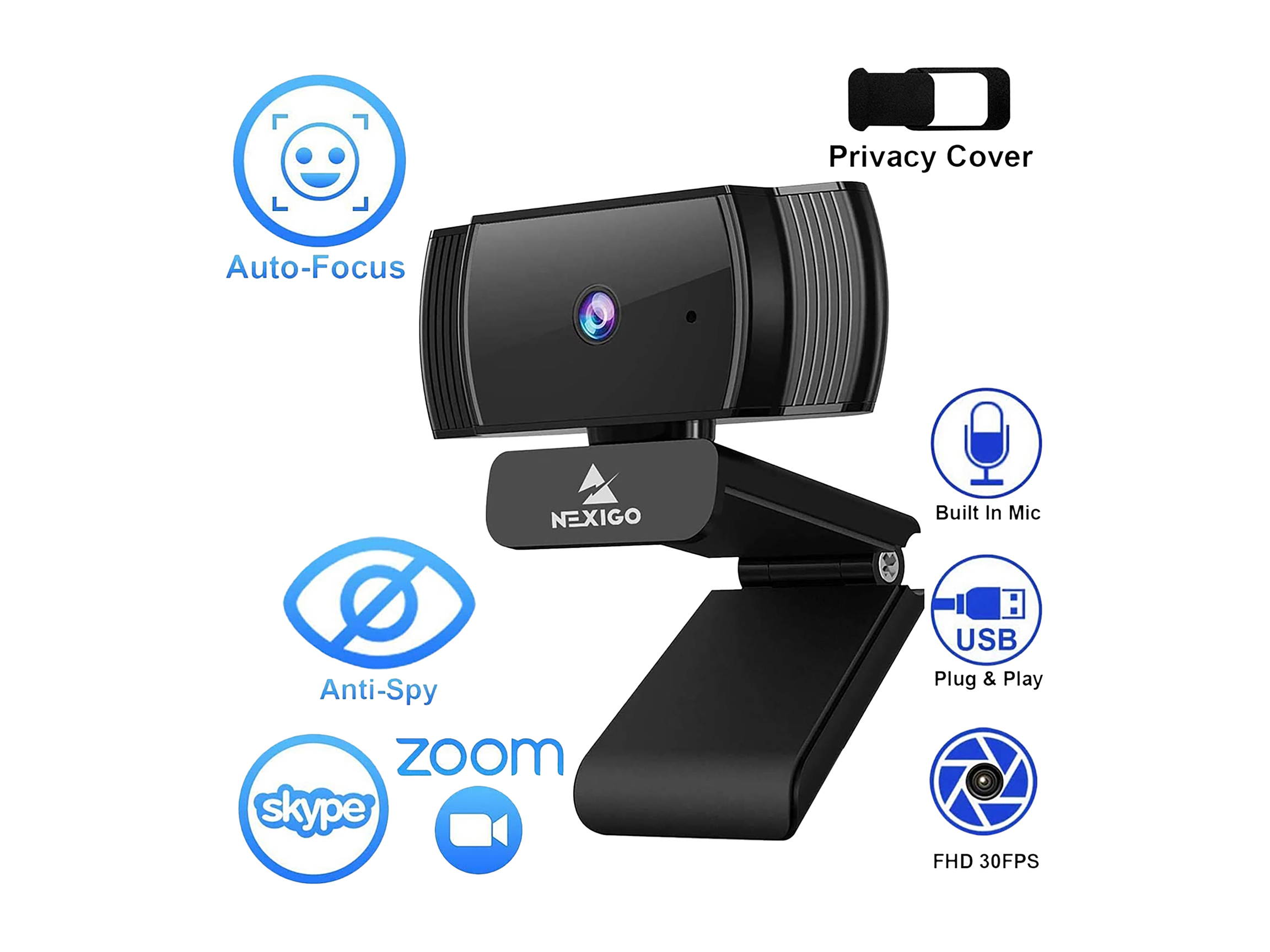 NexiGo AutoFocus 1080p Webcam with Stereo Microphone, Privacy Cover and Software Control, N930AF FHD USB Web Camera, Compatible with Zoom/Skype/Teams/Webex, PC Mac Desktop