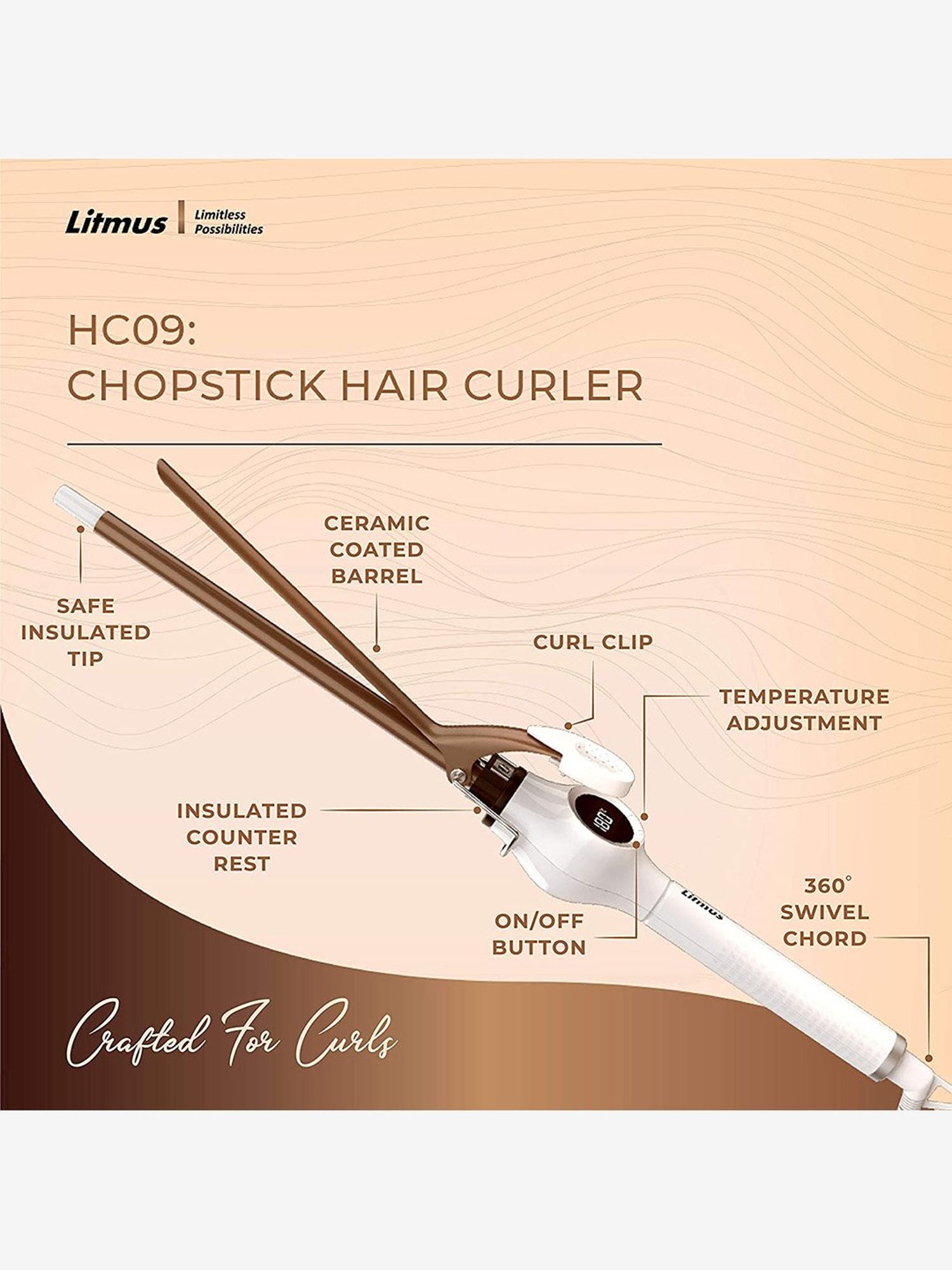 Litmus HC09 Professional Chopstick Hair Curler (White/Bronze)