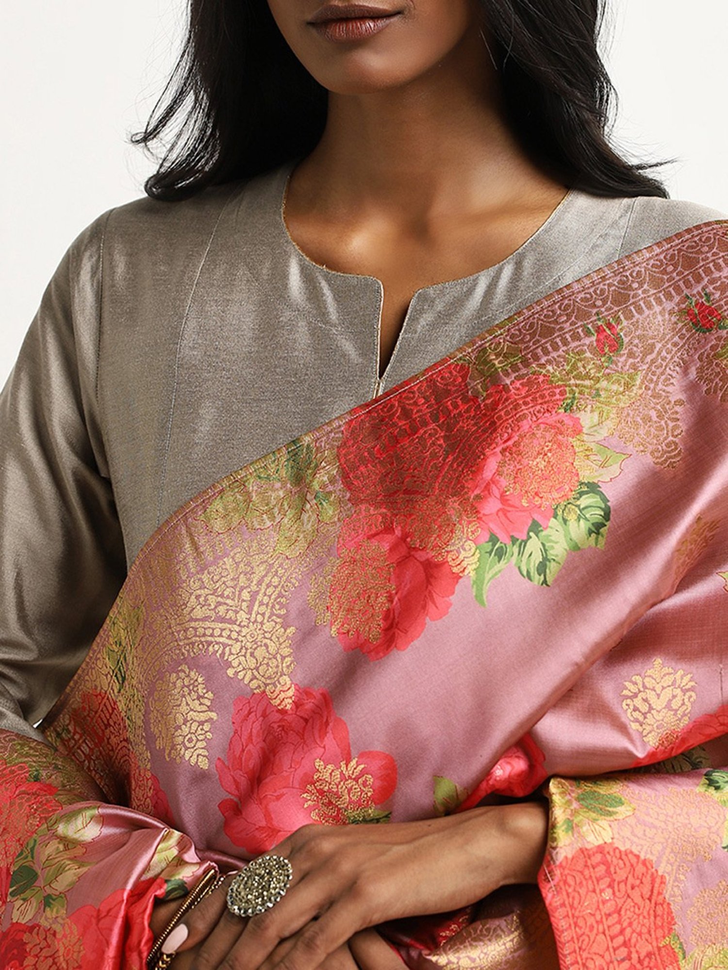 Vark by Westside Grey Floral Printed A-Line Kurta, Pants & Dupatta Set