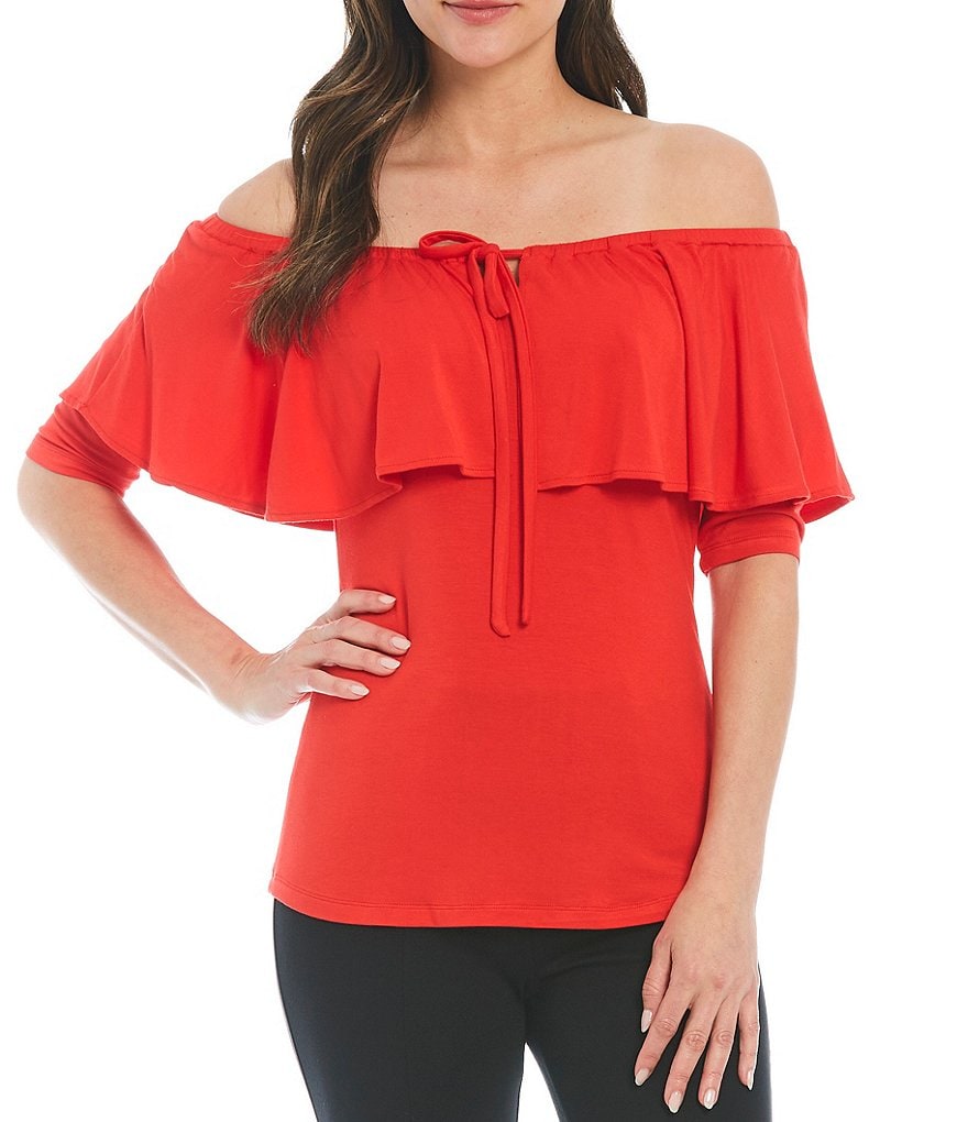 Donna Karan New York Jersey Tie Front Convertible Off-the-Shoulder Short Sleeve Tier Top