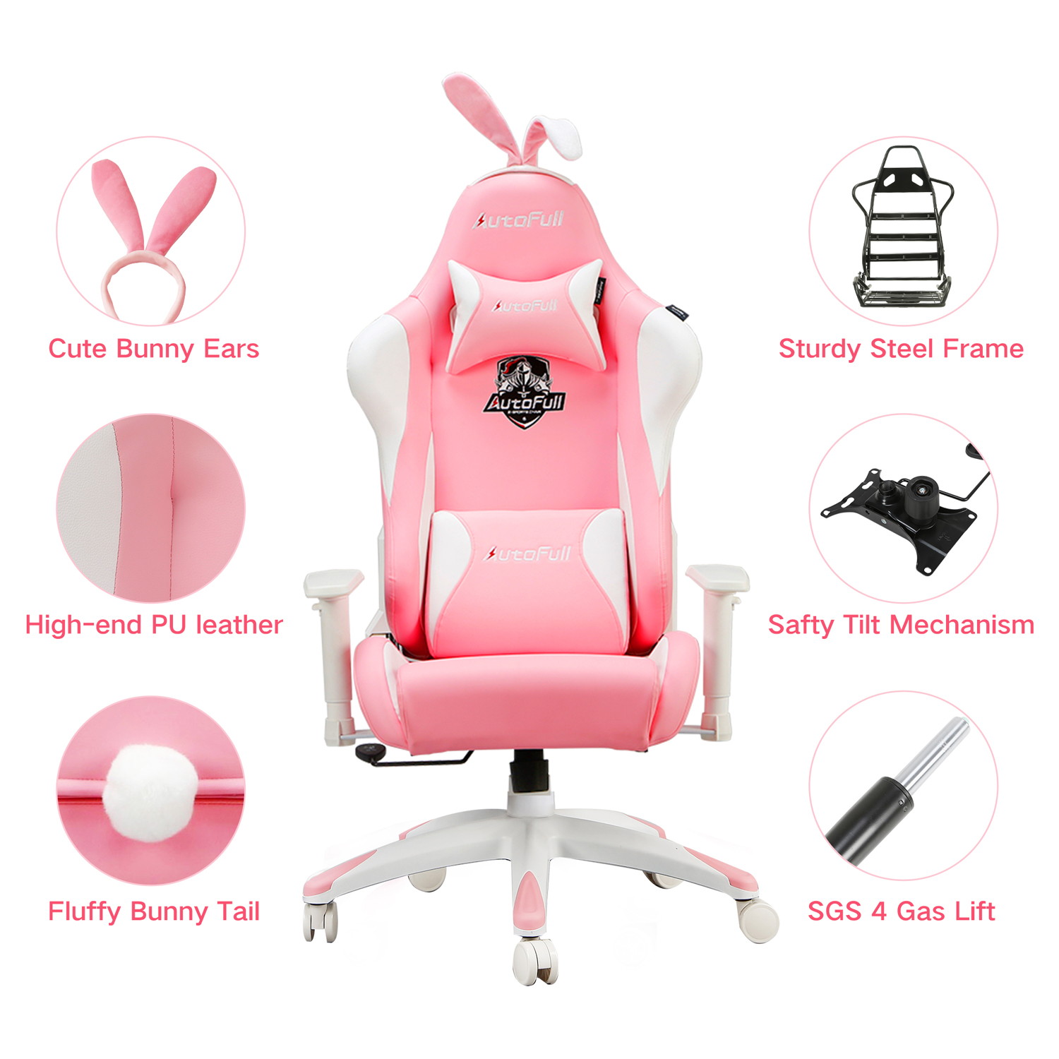 AutoFull Pink Gaming Chair Desk Chair Office Chair PU Leather High Back Ergonomic Racing Office Desk Computer Chairs with Lumbar Support, Rabbit Ears