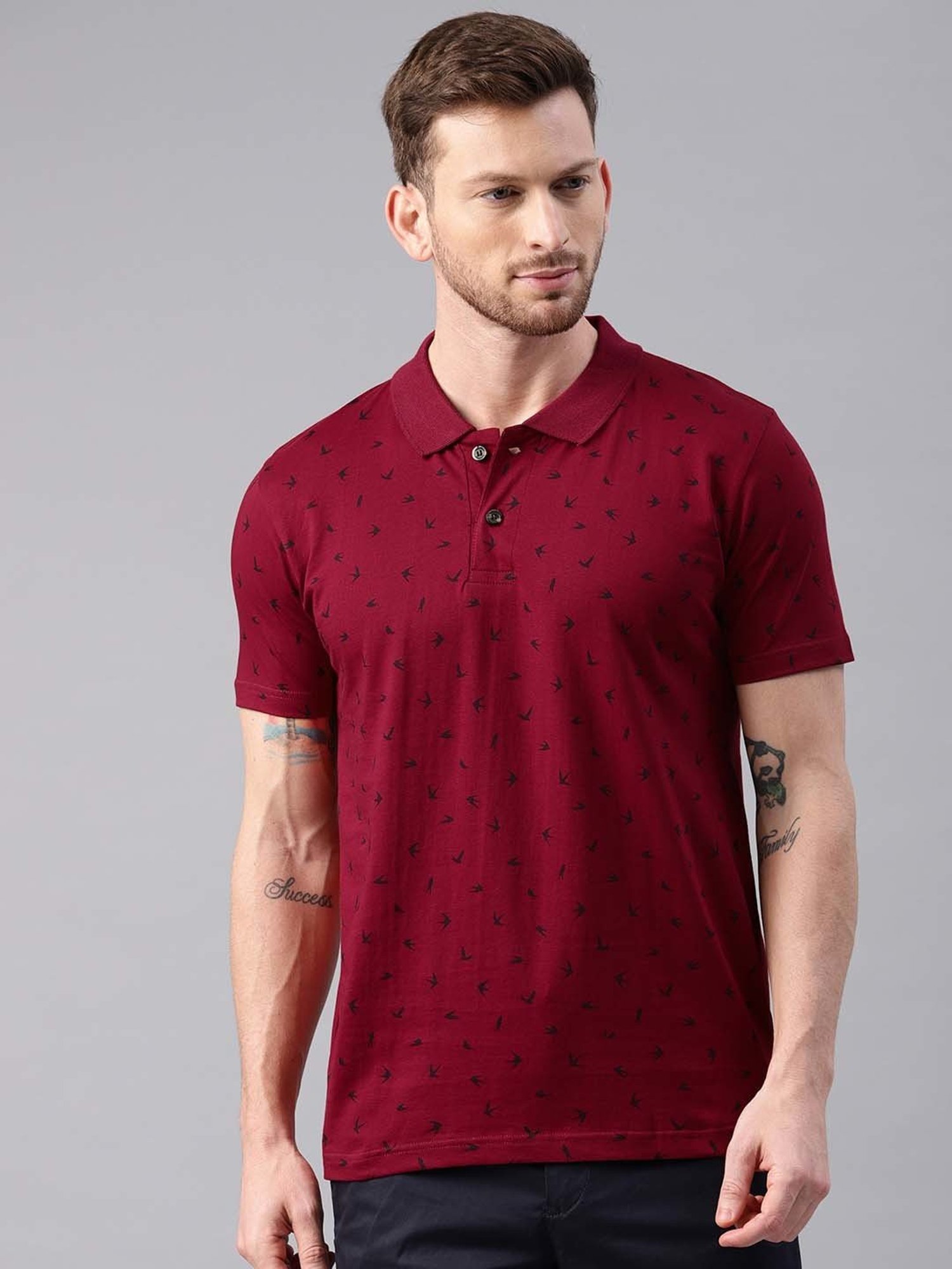 Kryptic Maroon Regular Fit Printed Cotton Polo T-Shirt