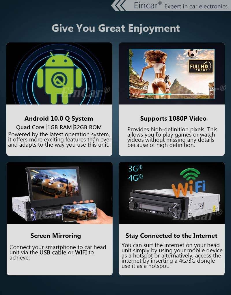 EinCar Android 10.0 Car Stereo 7 inch Touchscreen Radio with Bluetooth GPS Navigation System Auto Radio Receiver 1 Din Headunit 1G RAM+32G ROM Support WiFi Mirror Link FM/AM/RDS SWC + Back up Camera