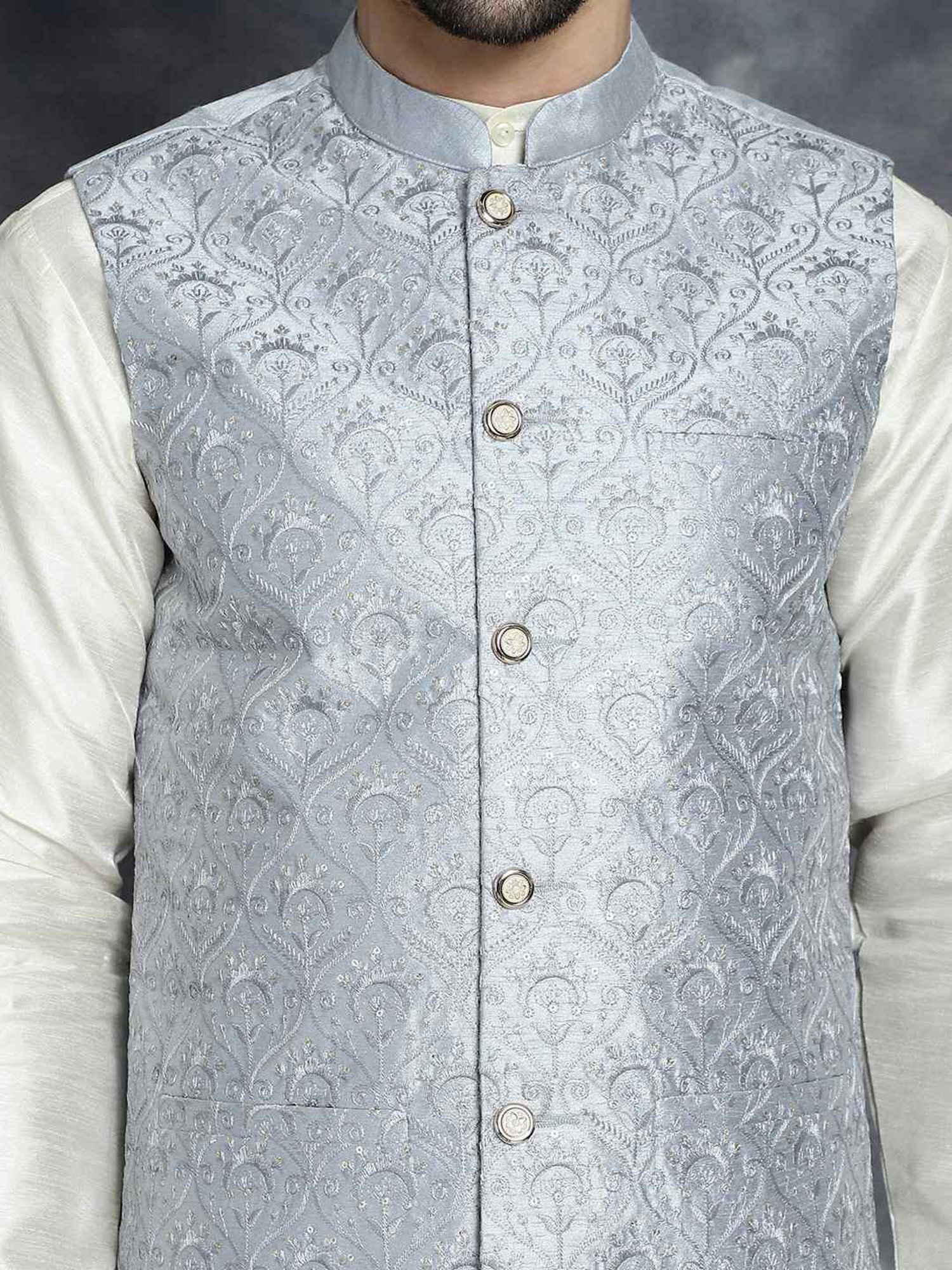 Jompers Grey Regular Fit Embellished Nehru Jacket