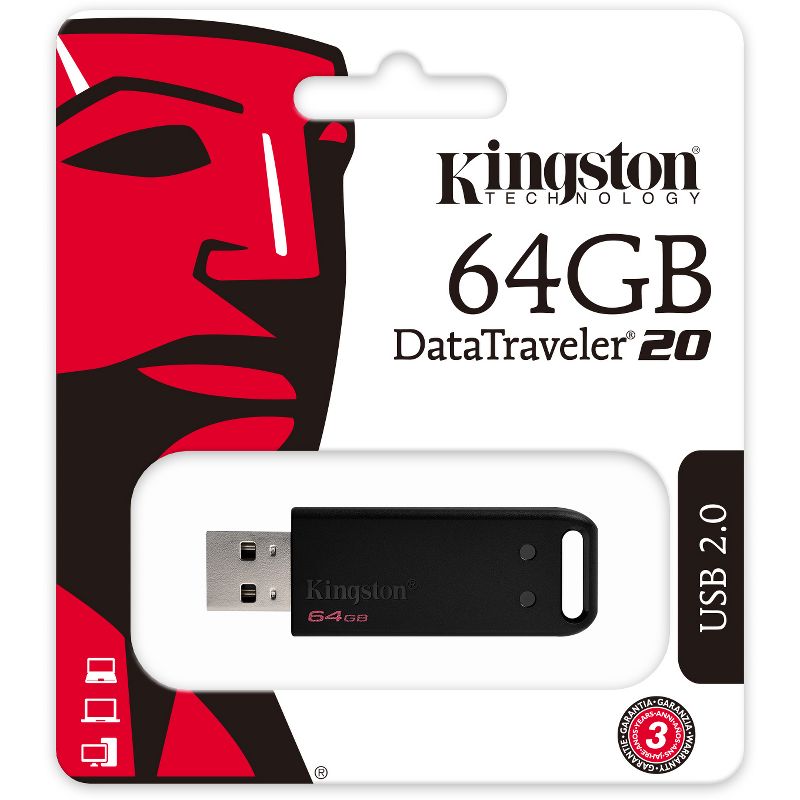 Kingston 64GB DataTraveler 20 DT20 USB 2.0 Type A Flash Drive - 64 GB - USB 2.0 Type A - Black - 3 Year Warranty
