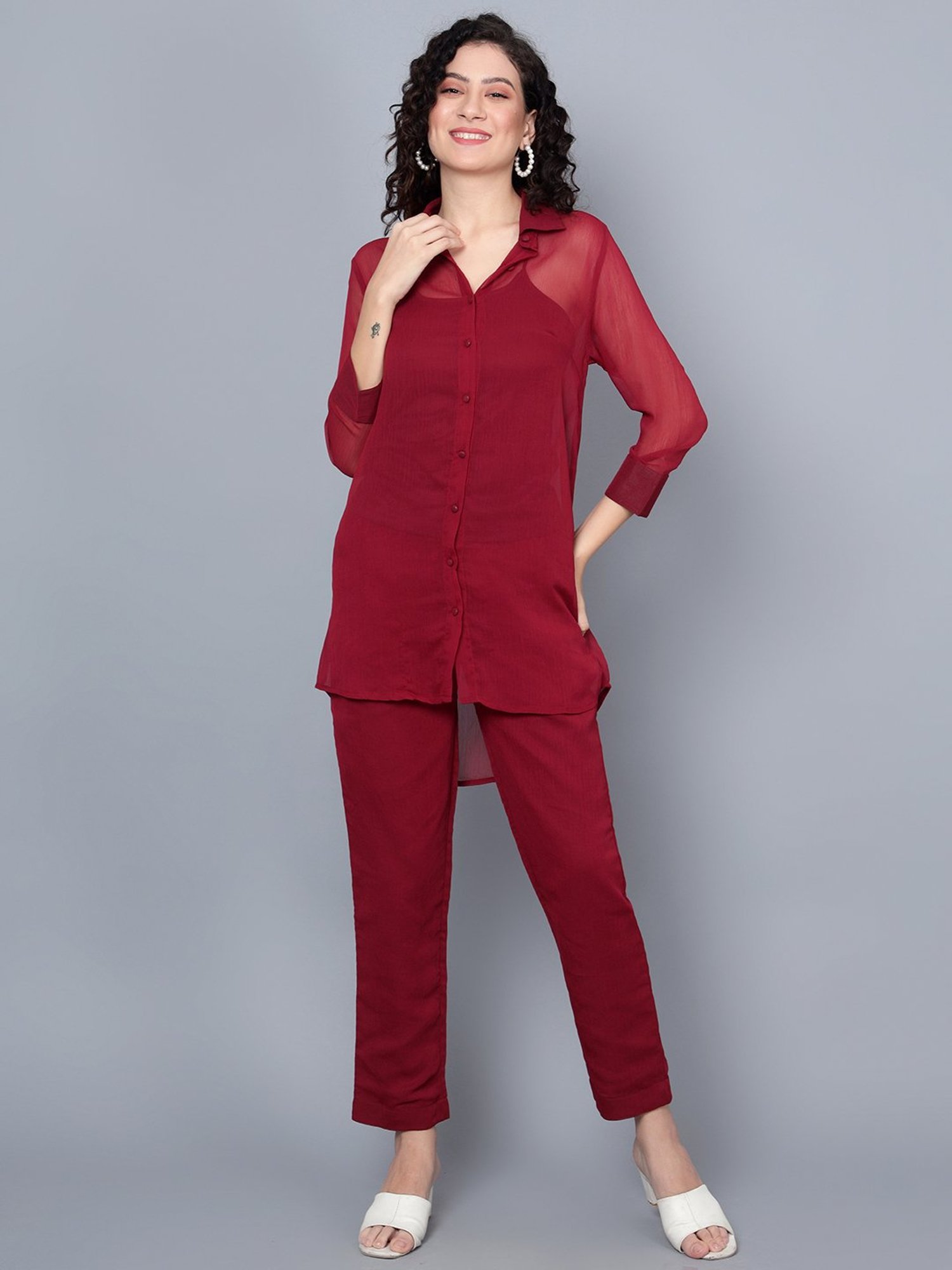 Anvi Be Yourself Maroon Mid Rise Trousers