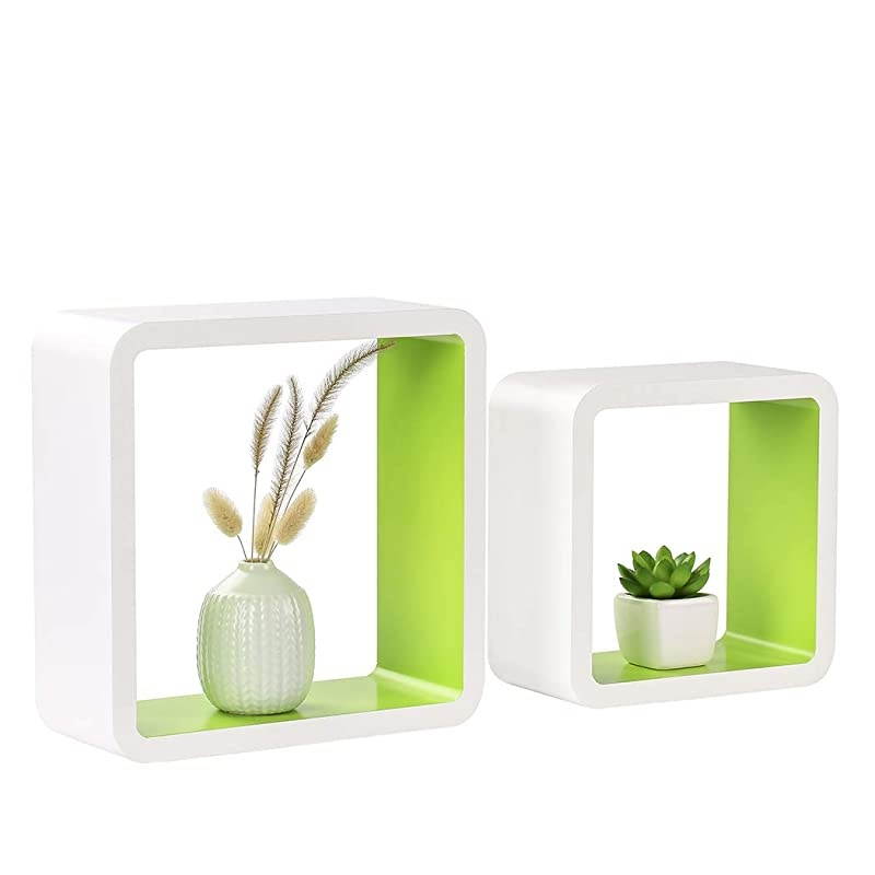 Set of 2 Cube Floating Shelves Wood Wall Shelves for Home Decoration Storage Display Rack White+Green