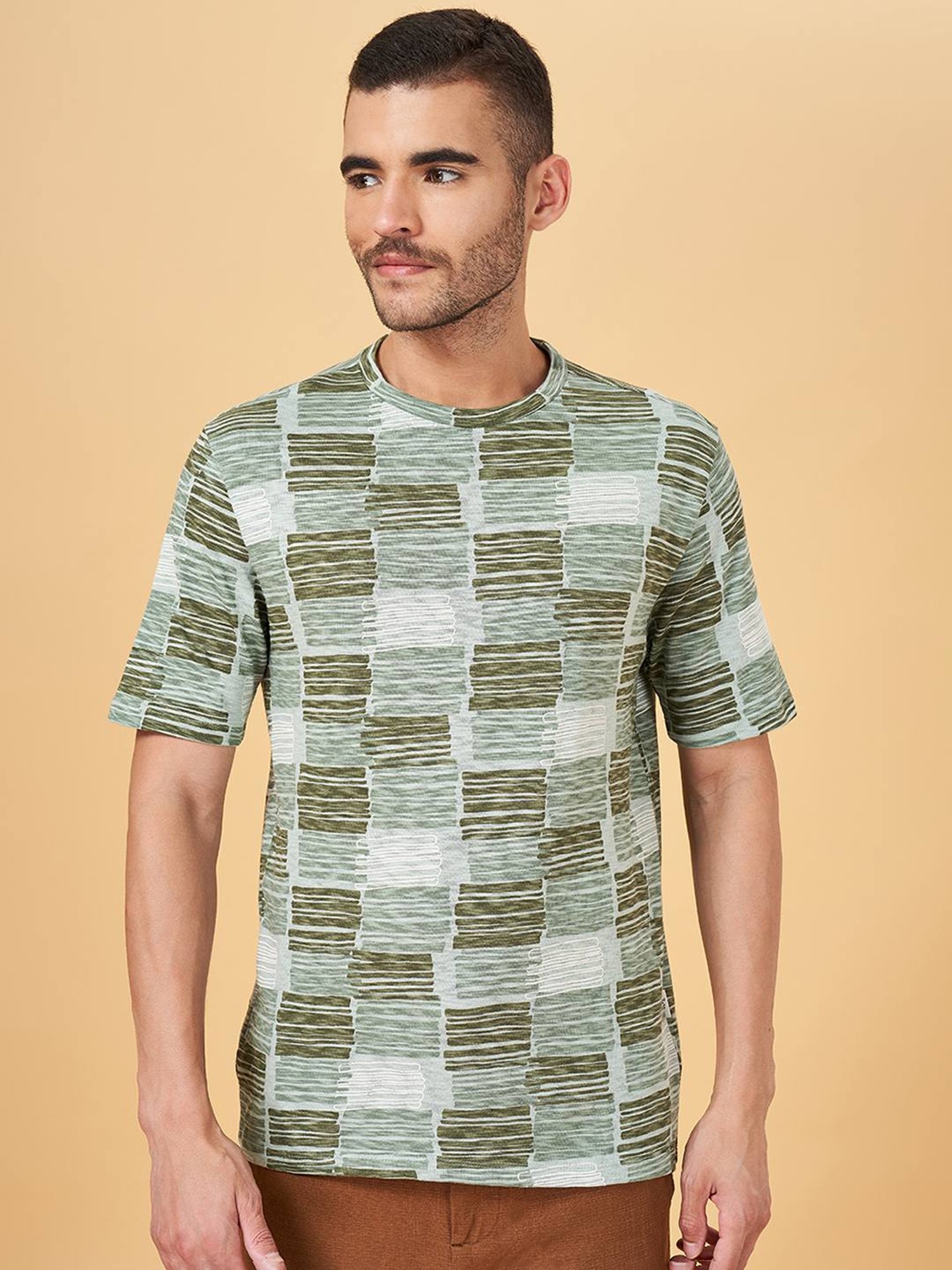 7 Alt by Pantaloons Dark Green Cotton Relaxed Fit Printed T-Shirt