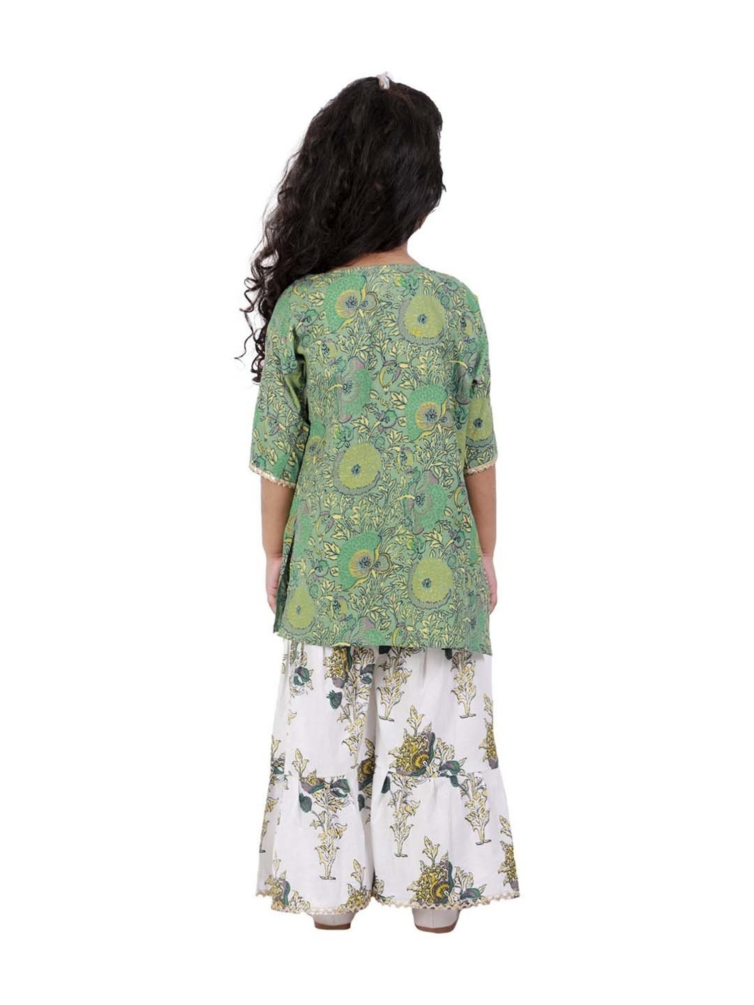 Ahhaaaa Kids Green & White Cotton Floral Print Kurta Set