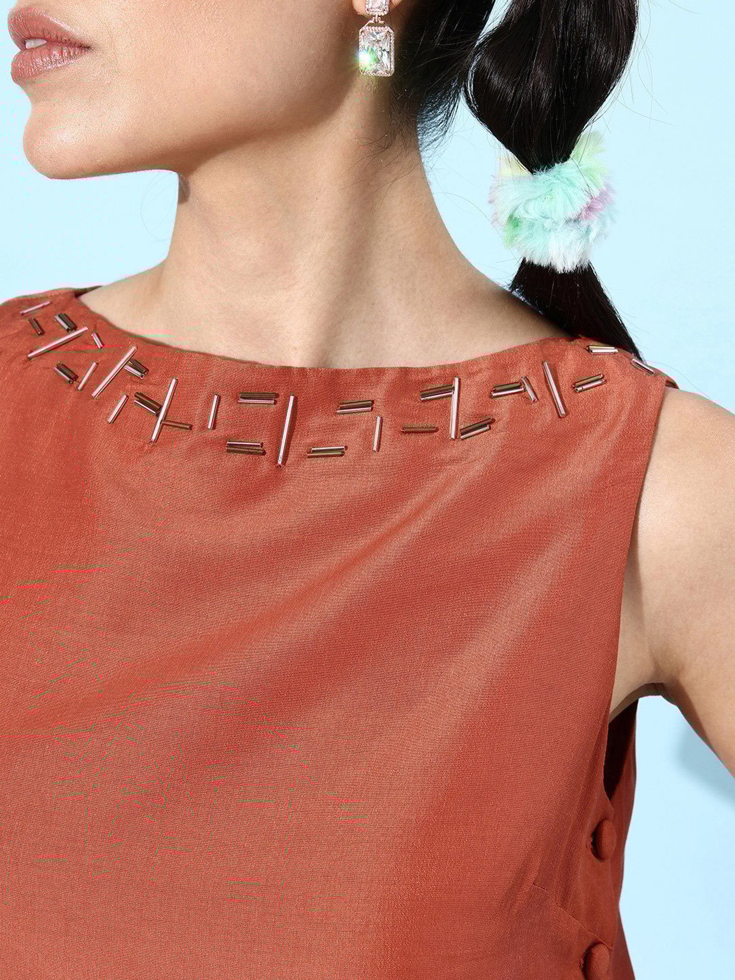 QUIERO Rust Embellished Crop Top