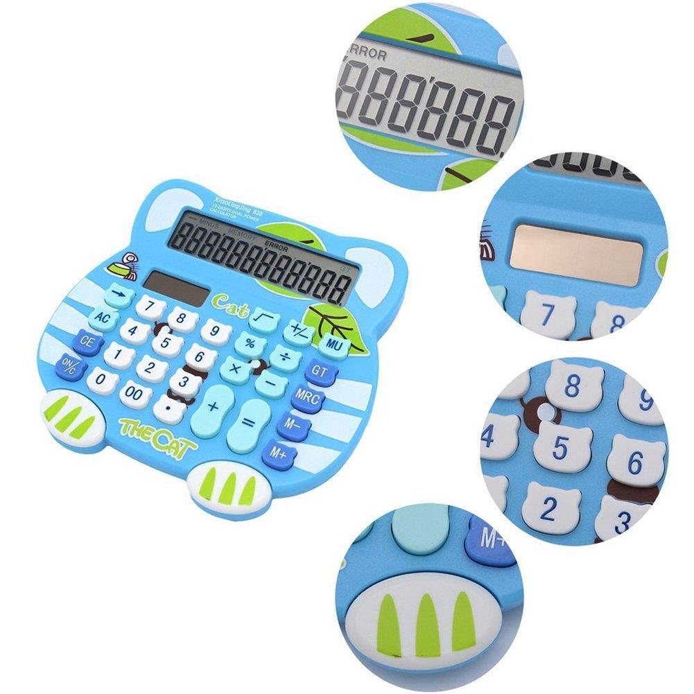 Loghot Adorable Creative 12 Digits Solar Dual Power Cartoon Cat Shape LCD Display Desktop Calculator with Big Screen Blue