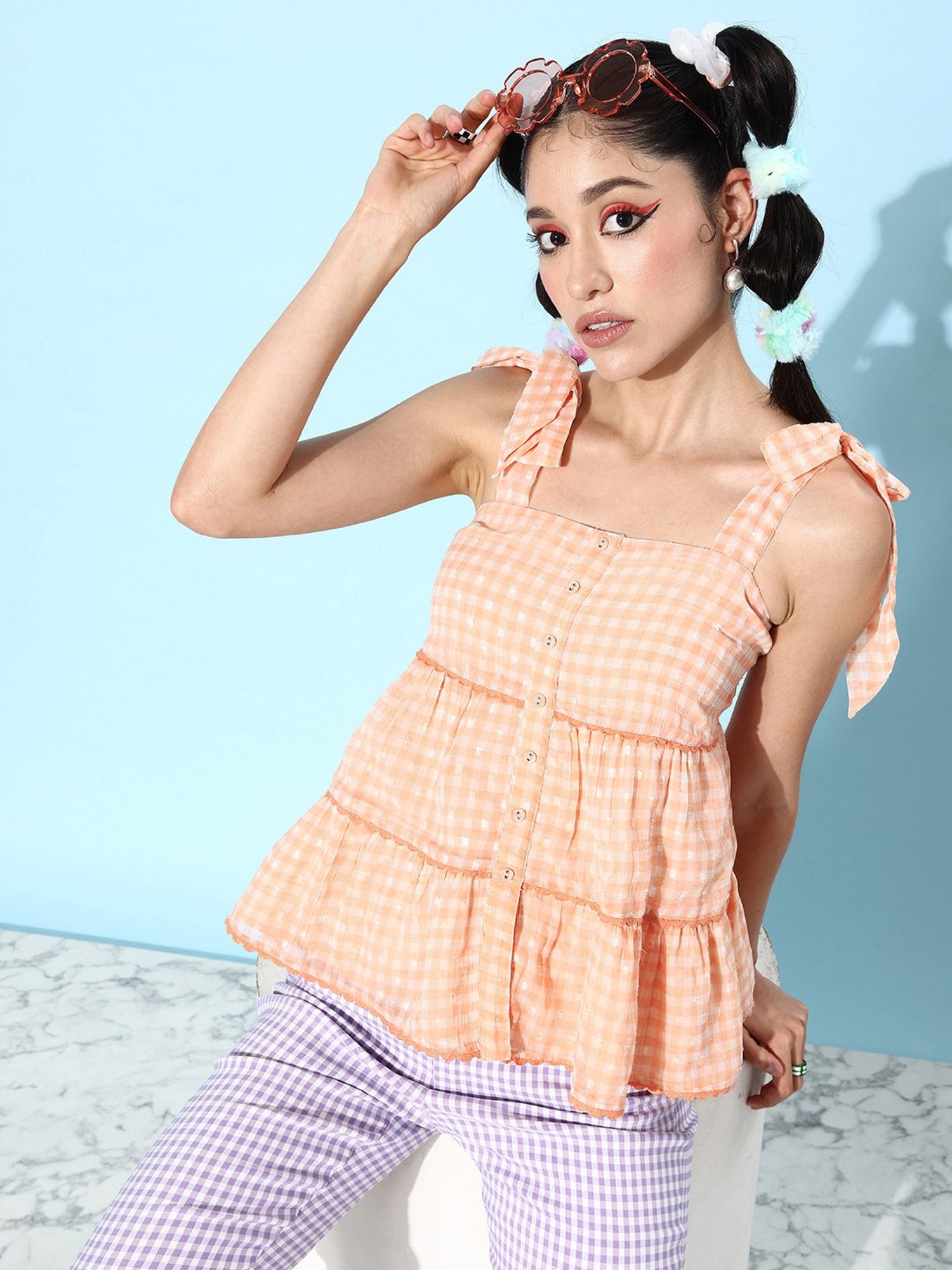 QUIERO Peach Checks Top