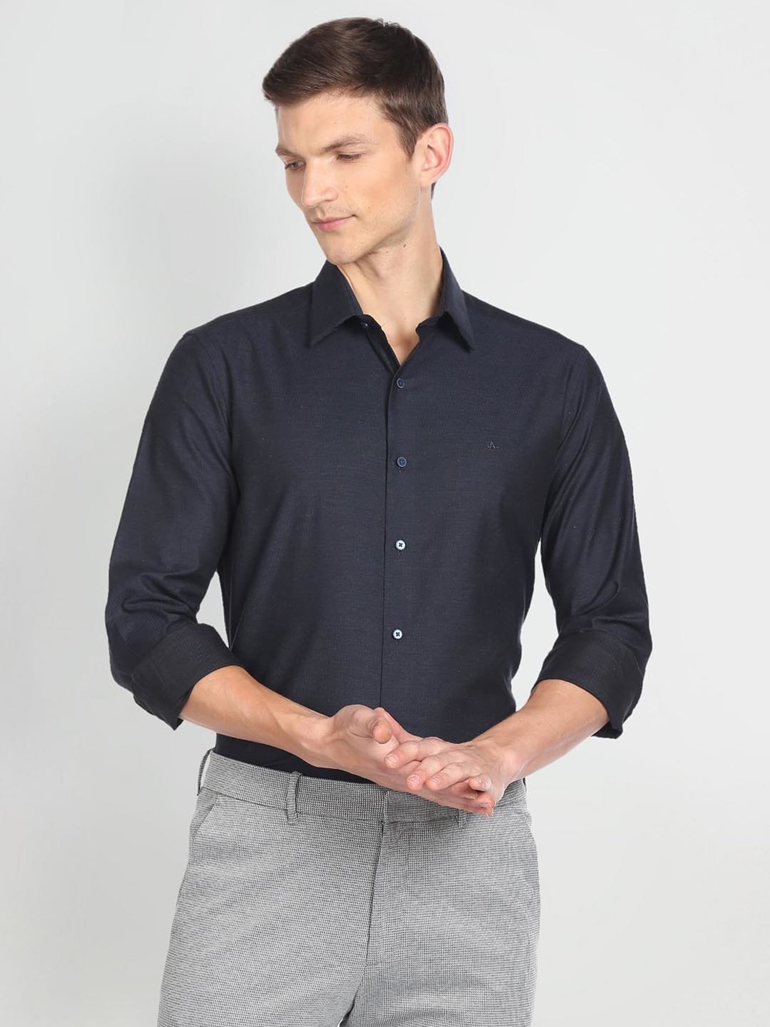 Arrow New York Blue Cotton Slim Fit Self Pattern Shirt