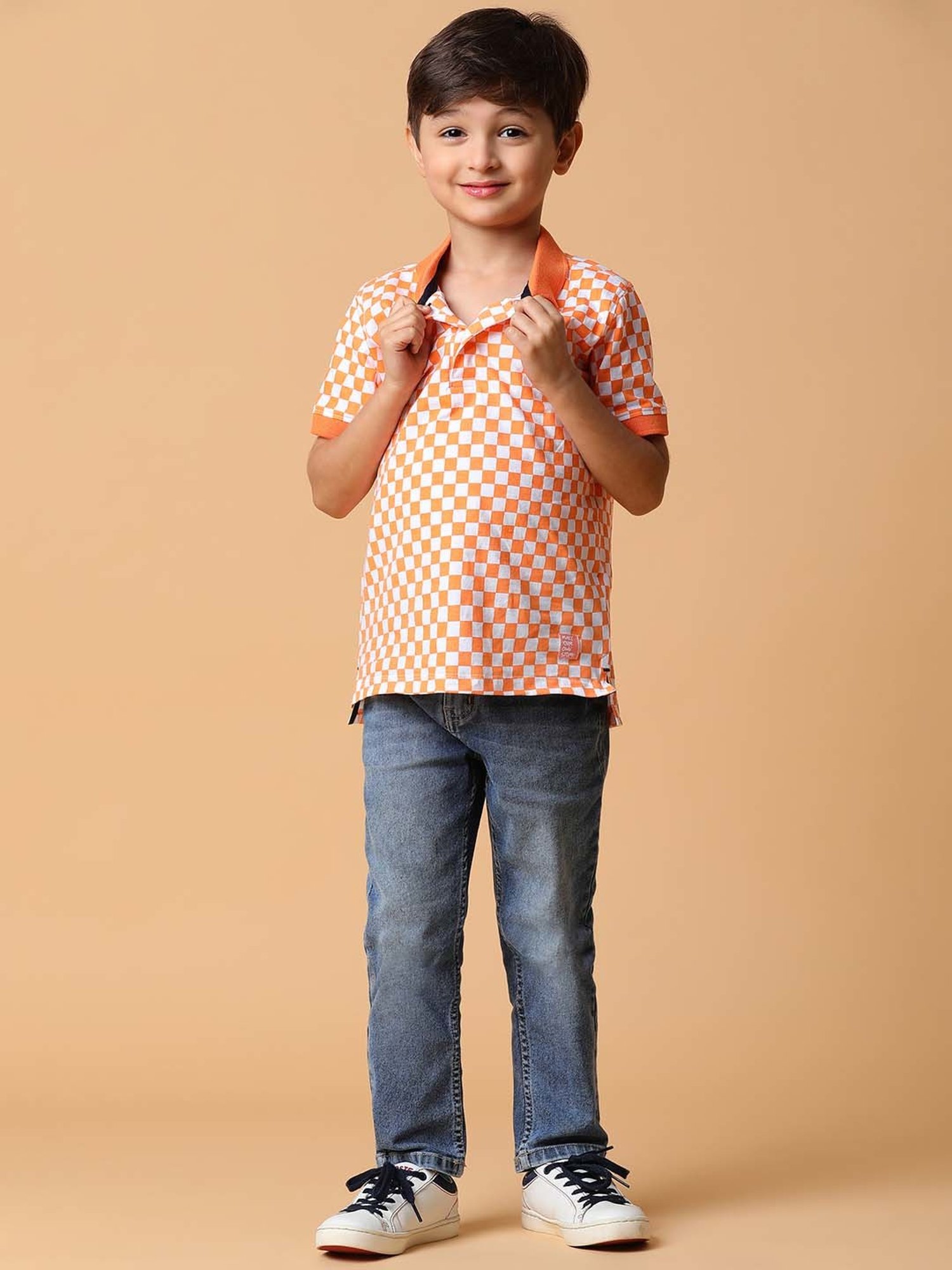 Tales & Stories Kids Orange & White Cotton Chequered Polo T-Shirt