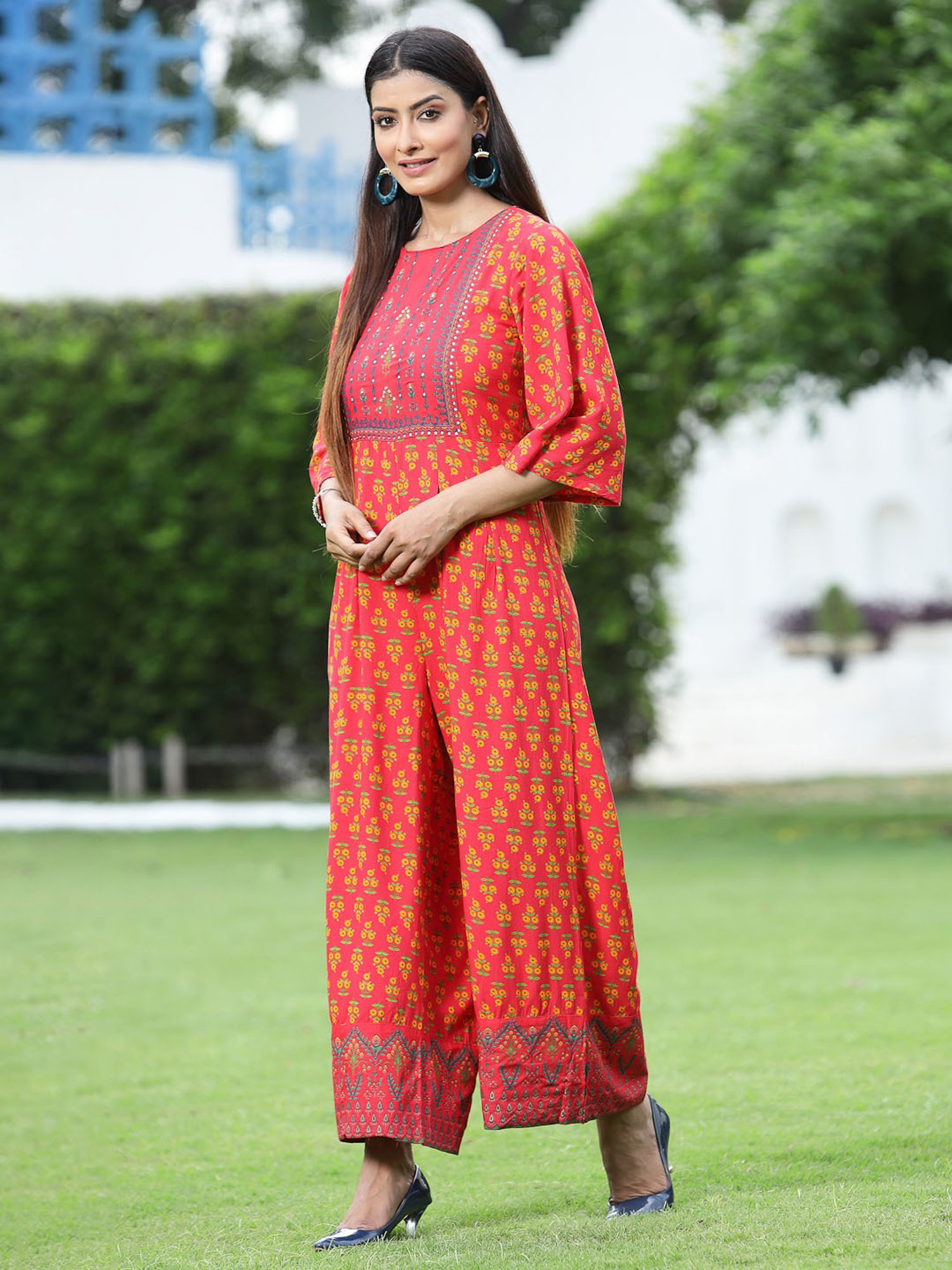 Juniper Coral Ethnic Motif Printed Rayon Flared Jumpsuit