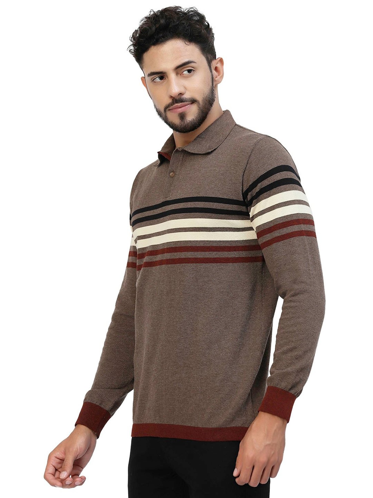 Kalt Brown Regular Fit Striped Polo T-Shirt