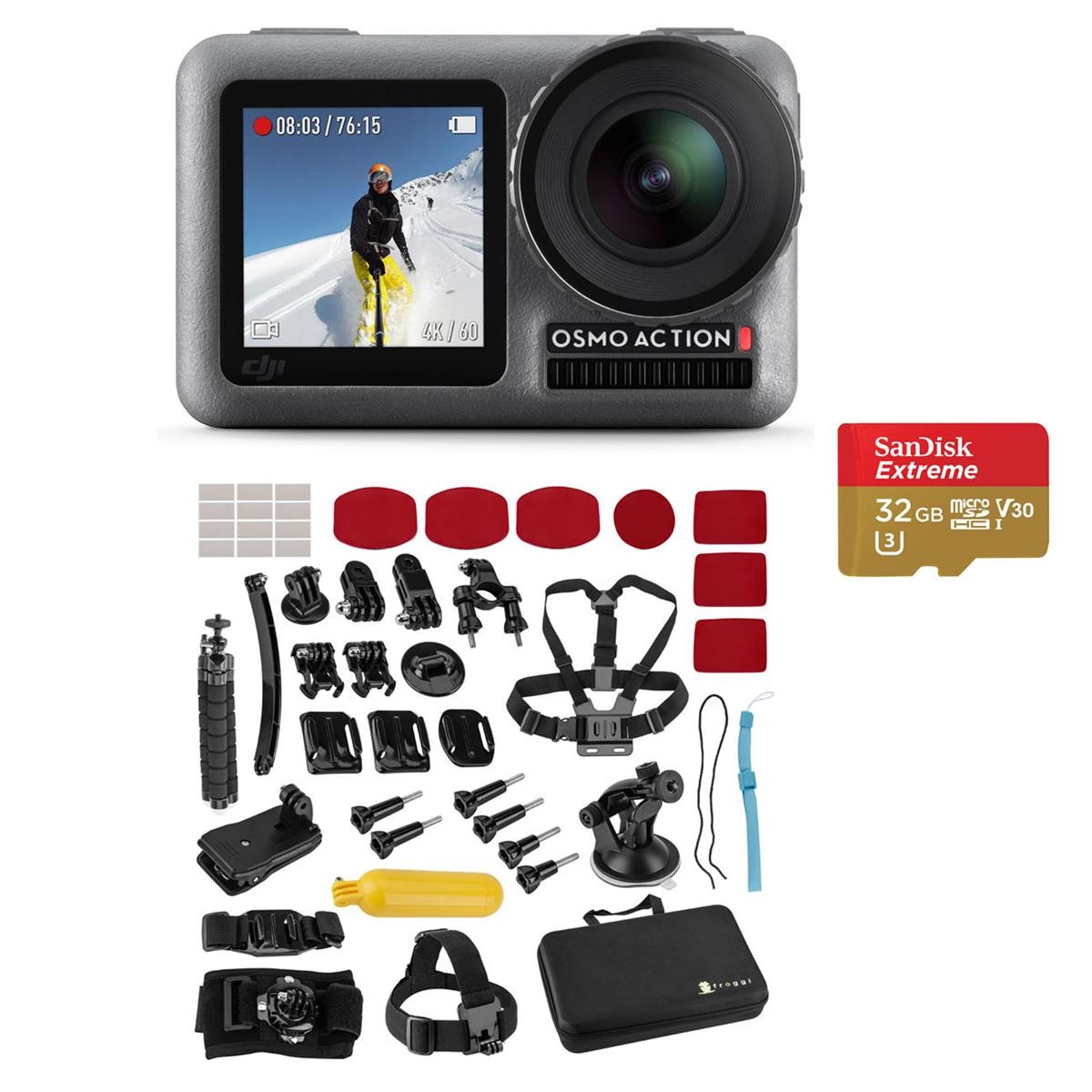 DJI OSMO Action Cam Digital Camera with 2 Displays, 11M Waterproof 4K HDR-Video 12MP, Black | Bundle Kit with Froggi Extreme Sport Action Camera Accessory Set + 32GB microSD Card