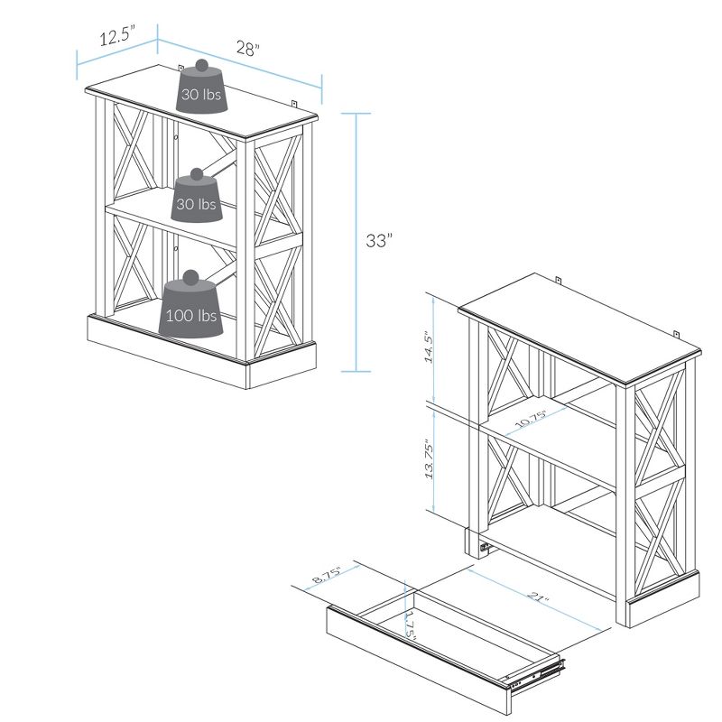 33" Jackson 3 Shelf Bookcase with Concealed Drawer Black - Flora Home