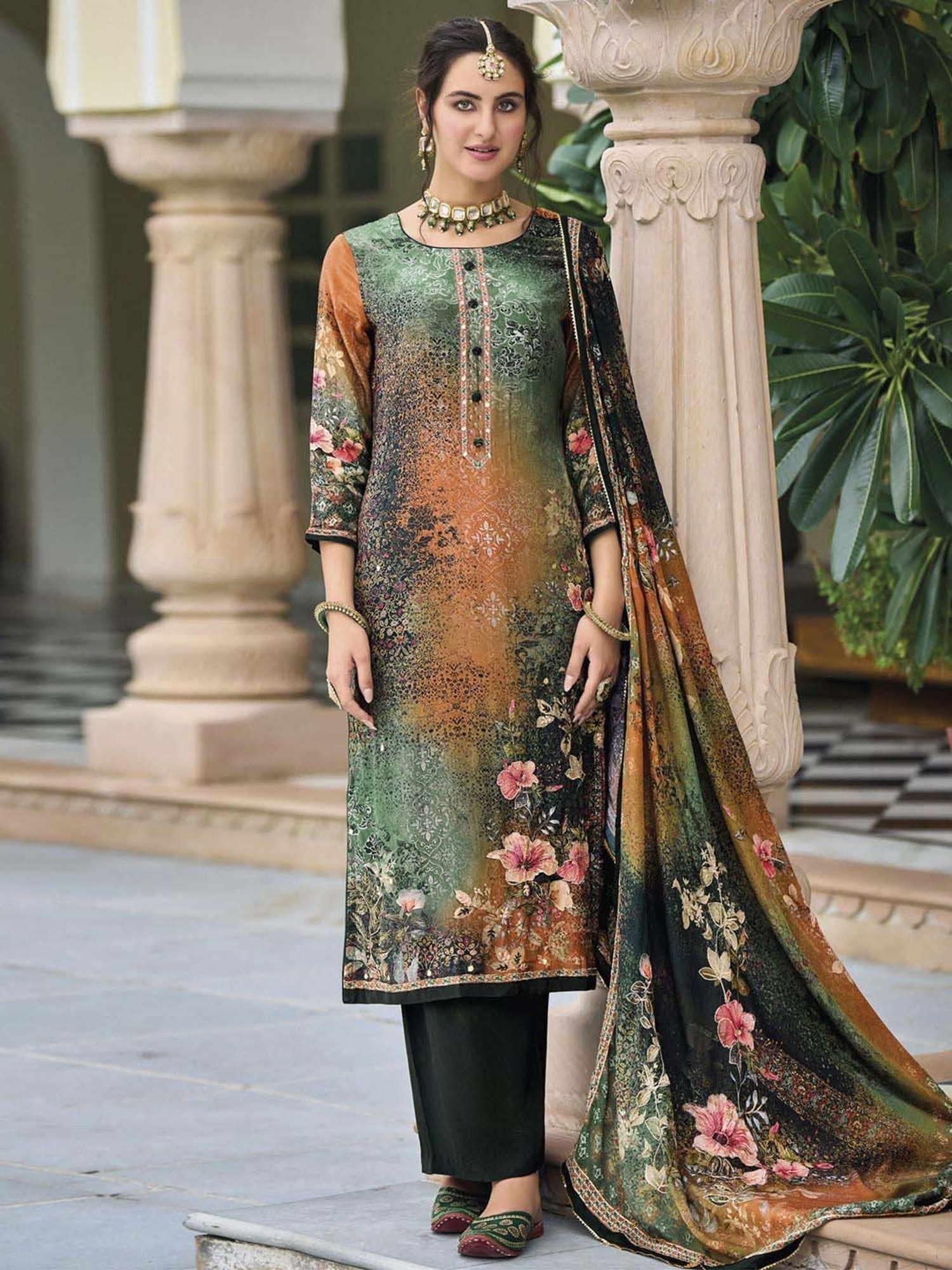 Stylee LIFESTYLE Green Printed Unstitched Dress Material