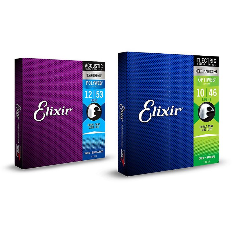 Elixir 2-Pack Light OPTIWEB Electric Guitar Strings and Light 80/20 Bronze POLYWEB Acoustic Guitar Strings Bundle