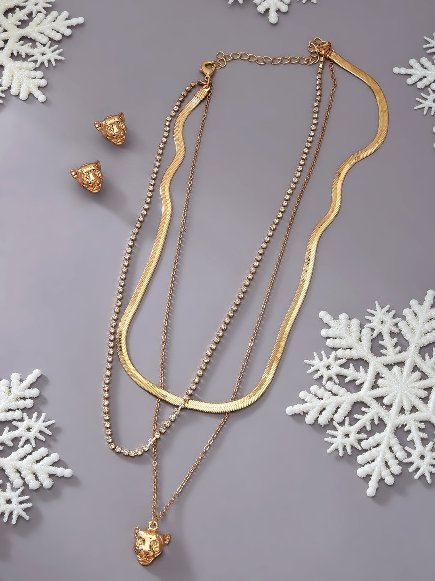 Zaveri Pearls Gold Tone Classy Multi Layered Leopard Drop Necklace Chain & Earring Set-ZPFK11618