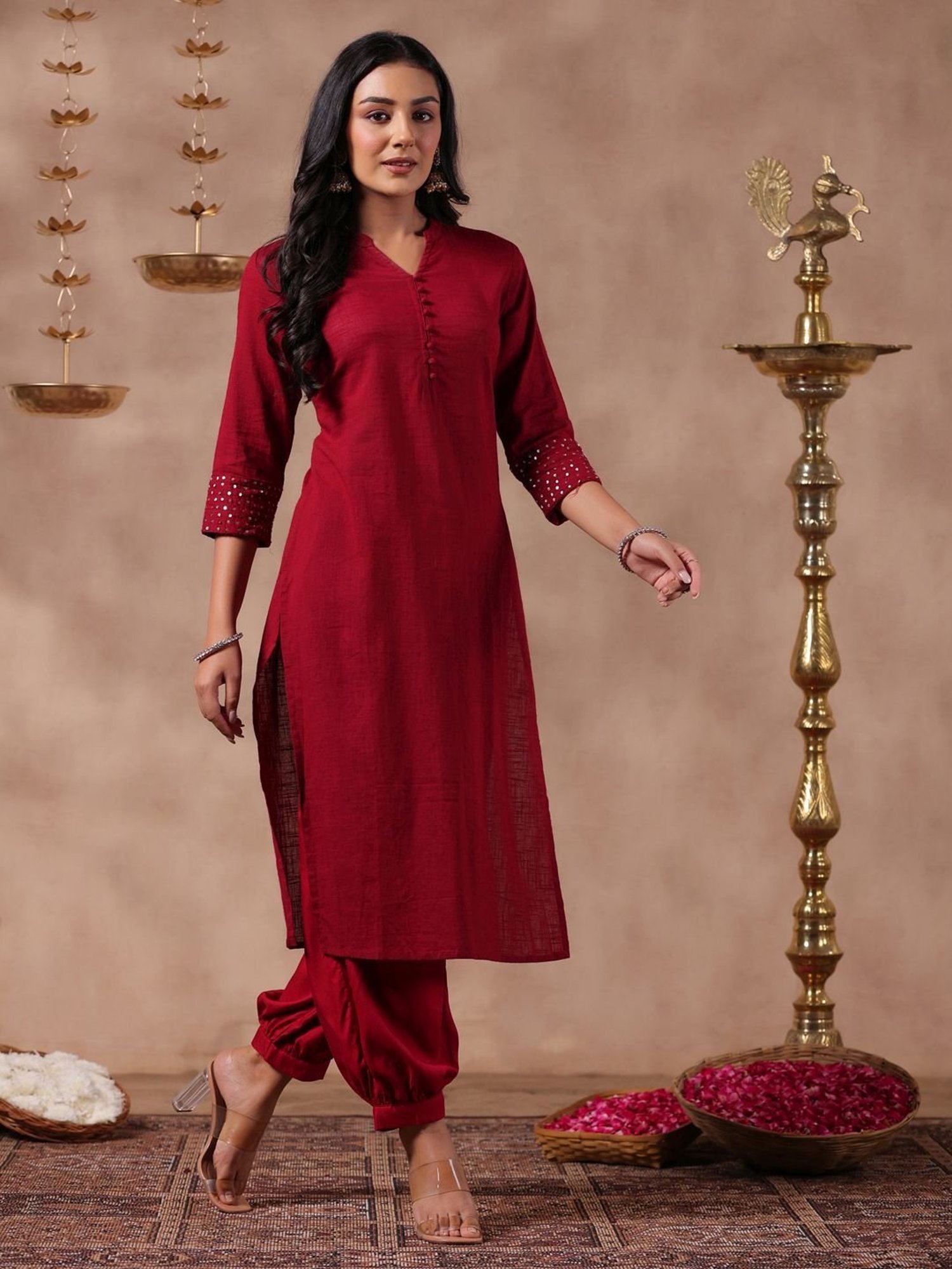 Anubhutee Red Cotton Embellished Straight Kurta