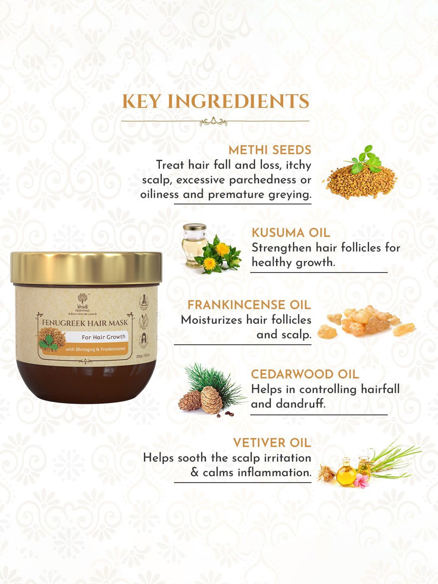 Khadi Essentials Fenugreek Hair Mask with Bhringraj & Frankincense for Hair Growth - 200 gm