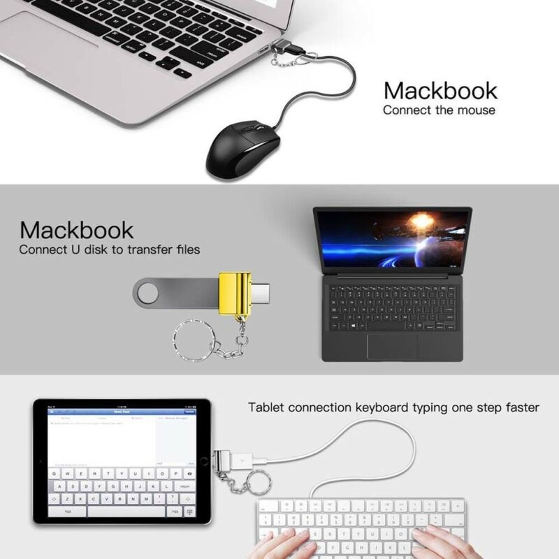 USB C to USB Adapter with Keychain, USB Type-C to USB2.0 Converter for USB C PD Charger Mouse Keyboard Flash Disk, Gold