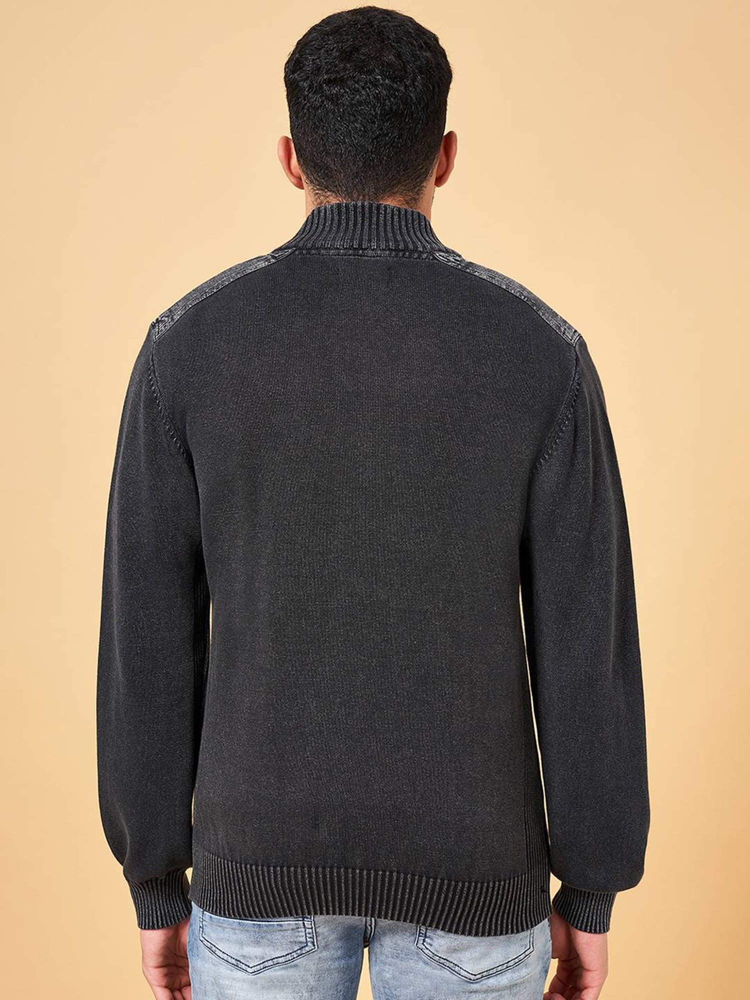 Byford by Pantaloons Black Cotton Slim Fit Self Pattern Sweater