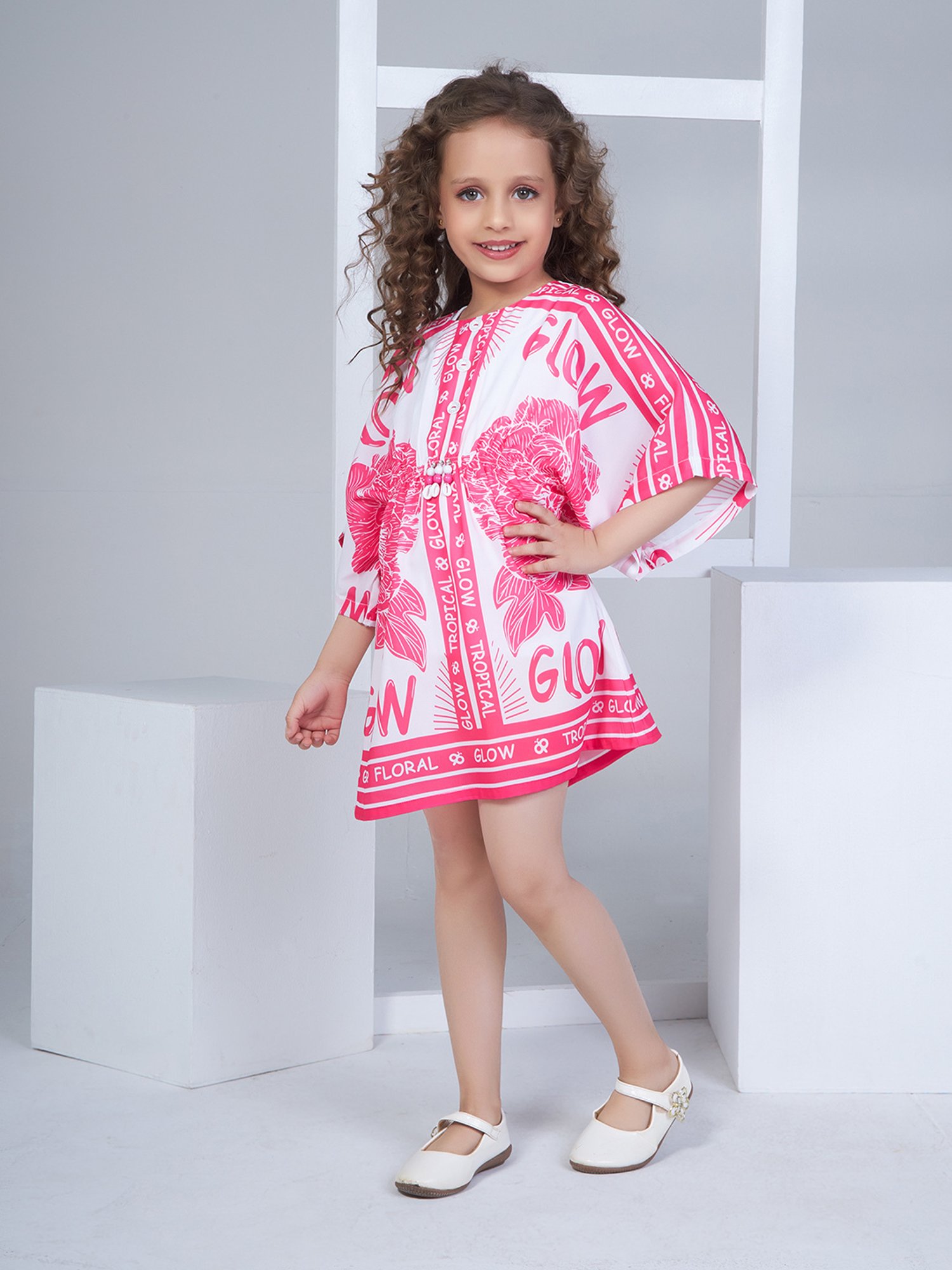 Peppermint Kids Pink & White Printed Kaftan Dress