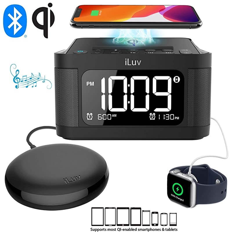 Time Shaker 6Q Wow QiCertified Fast 7510W Wireless Charging Alarm Clock with Vibration Shaker Dual Alarm Bluetooth Speakers FM Radio Sleep Timer 10Level Dimmer USB Charging Port