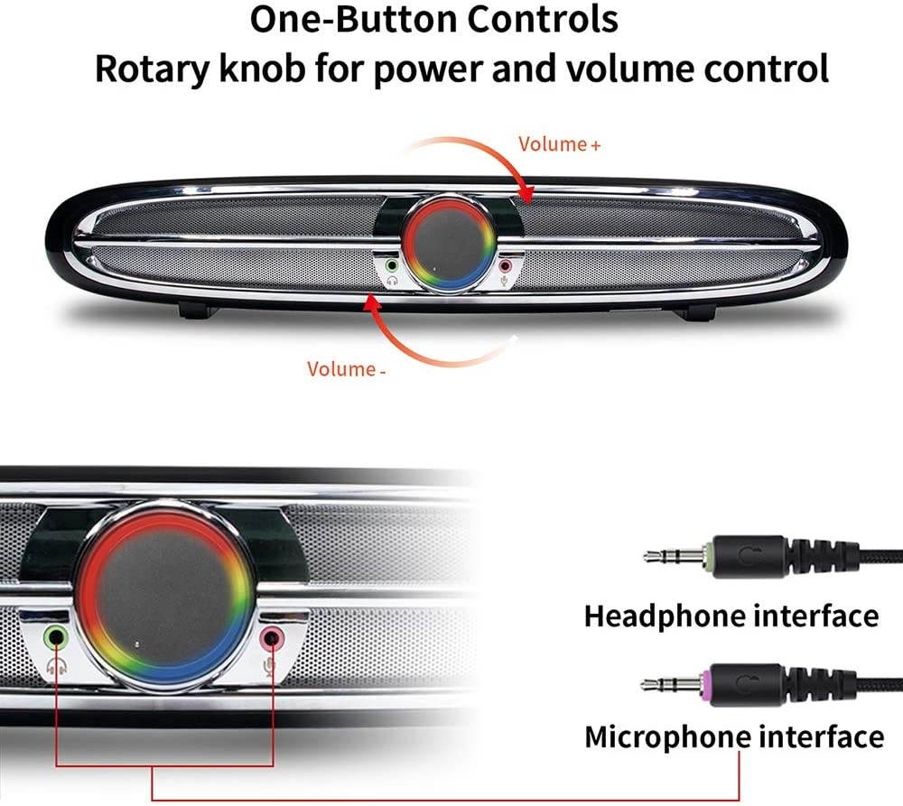 Docooler USB Powered Soundbar Speakers 3.5mm Wired Sound Box 10W Subwoofer w/Microphone Headphone Jack for TV Desktop Computer
