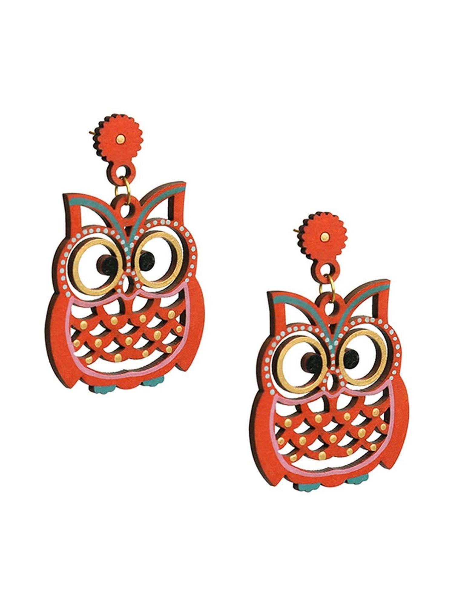ExclusiveLane 'Symphony of Owls' Brick Red Handpainted Earrings in Recycled Earrings