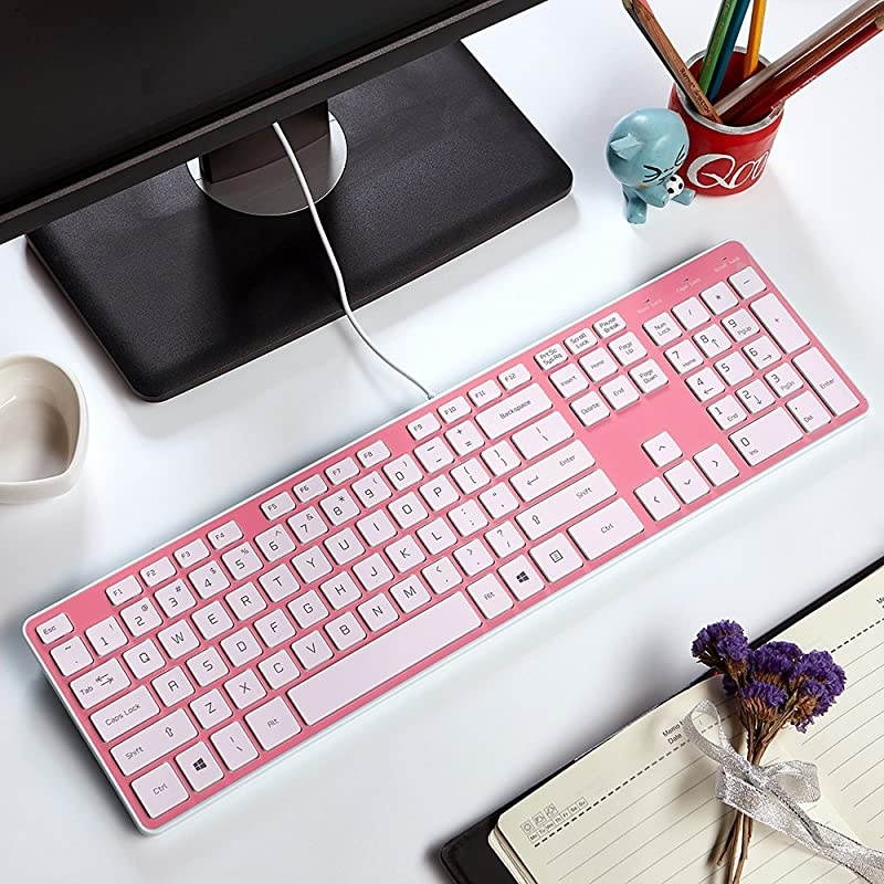 Wired USB Keyboard Comfortable Quiet Chocolate Keys Durable UltraSlim Wired Computer Keyboard For PC Windows 10 8 7 Vista KB1430 Pink