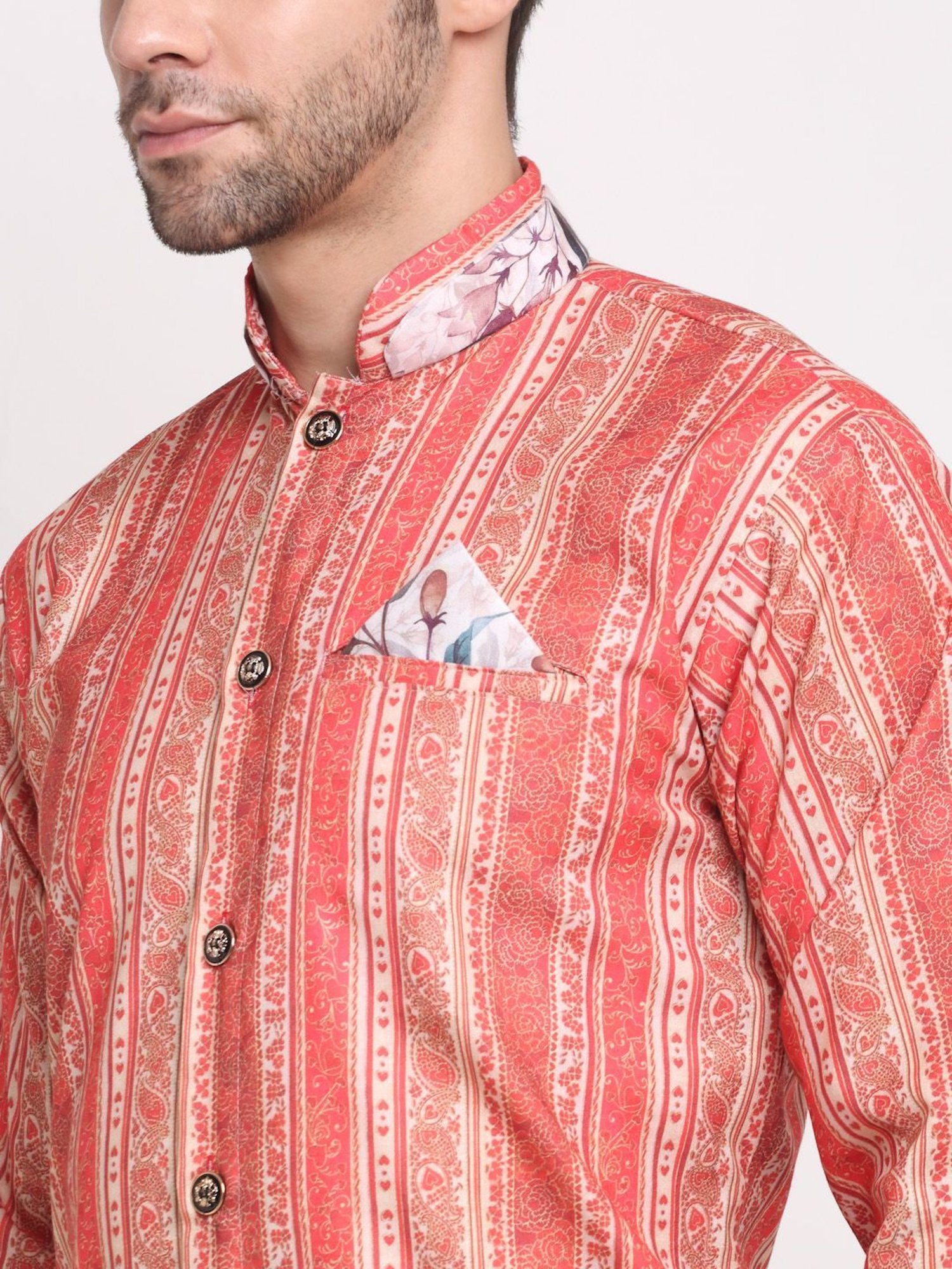 Benstoke Orange & Beige Cotton Regular Fit Printed Sherwani Set