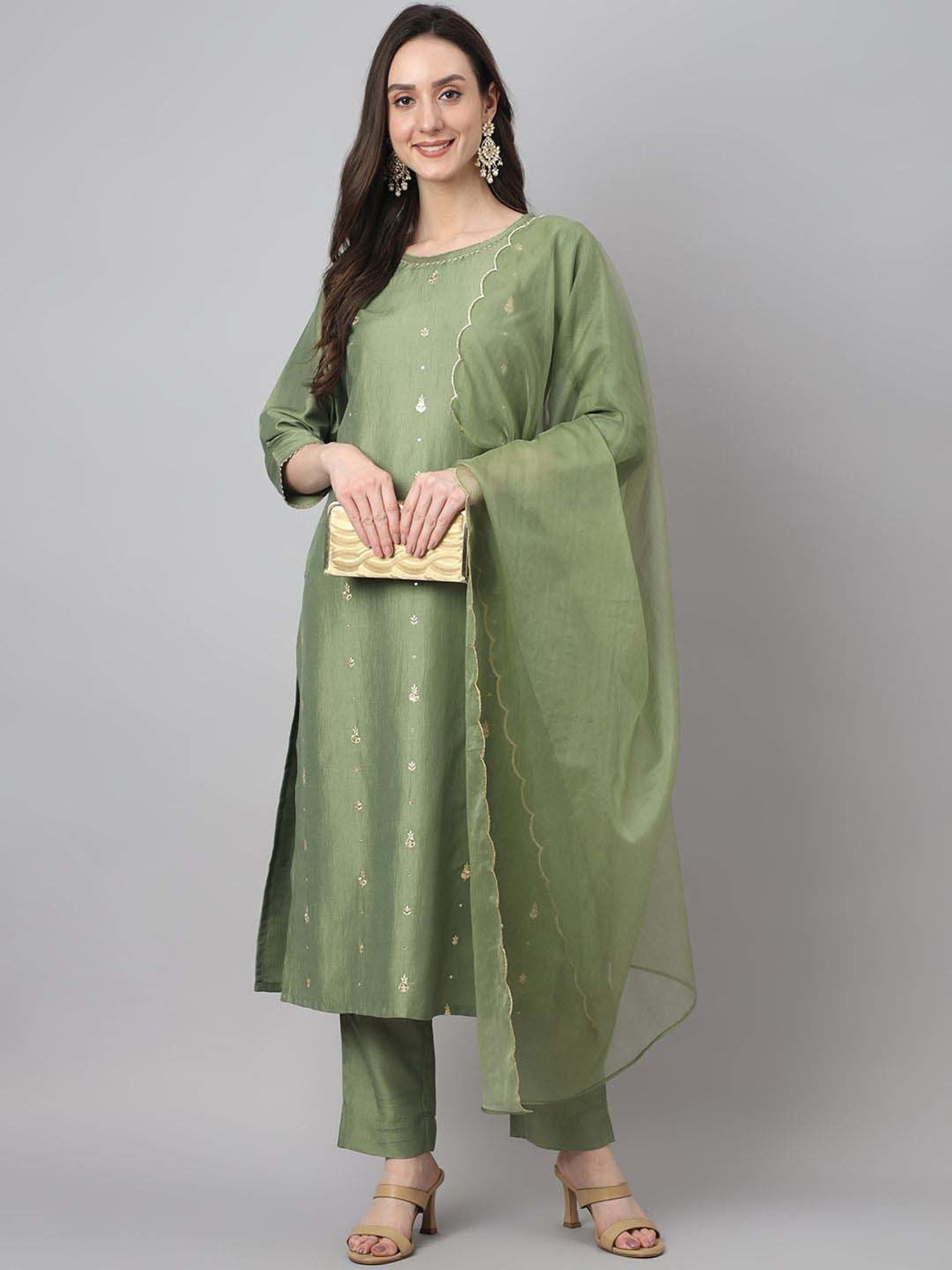 Janasya Green Embroidered Kurta & Pant Set With Dupatta