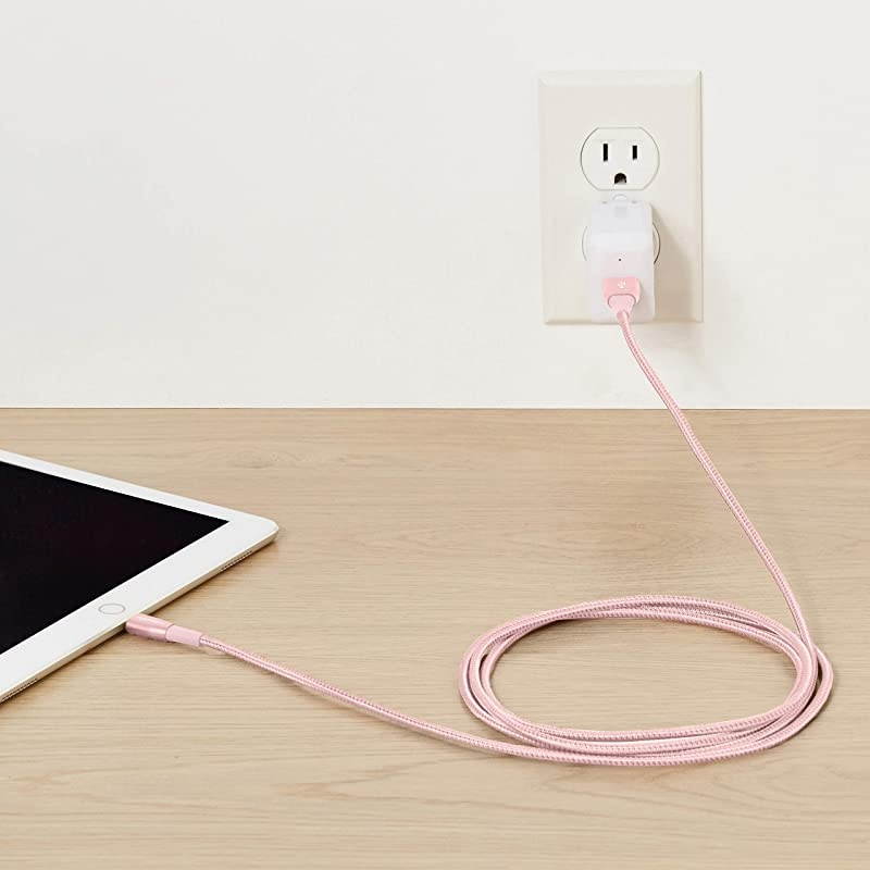 Basics Double Nylon Braided USB A Cable with Lightning Connector, Premium Collection, MFi Certified Apple iPhone Charger, 6 Foot, 2 Pack, Rose Gold