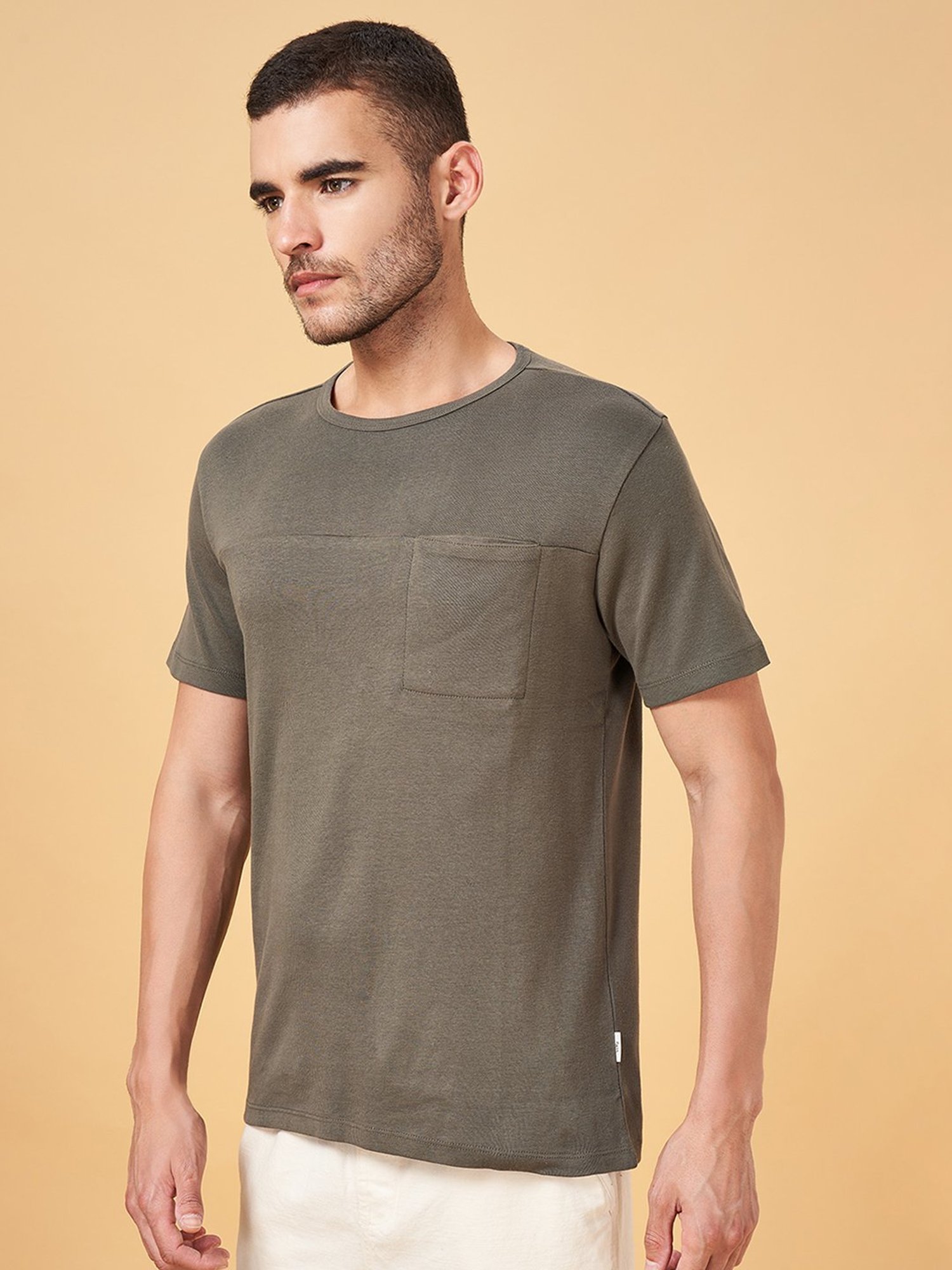 7 Alt by Pantaloons Green Cotton Slim Fit T-Shirt
