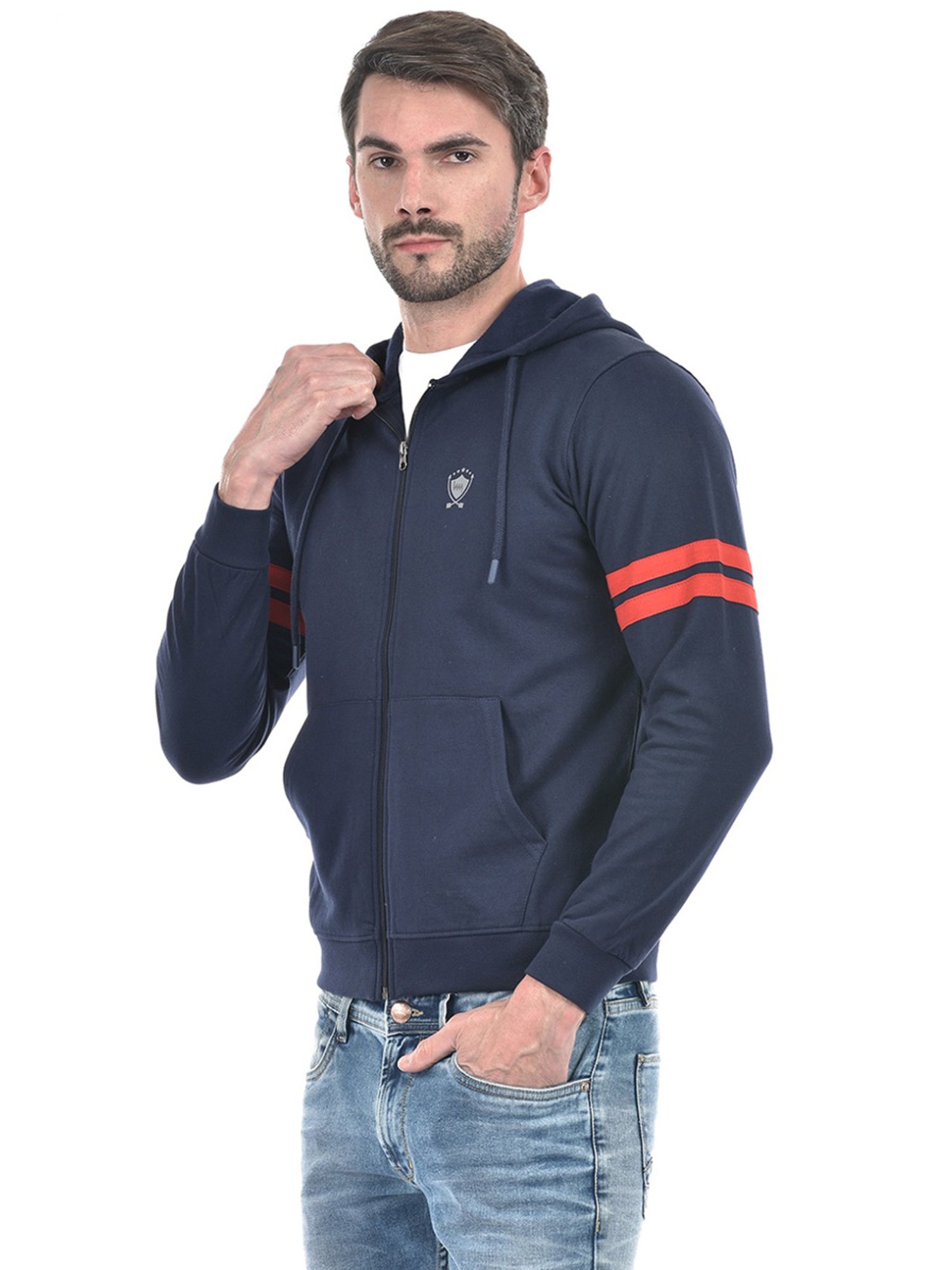 Lawman Navy Blue Cotton Regular Fit Striped Hooded Sweatshirts