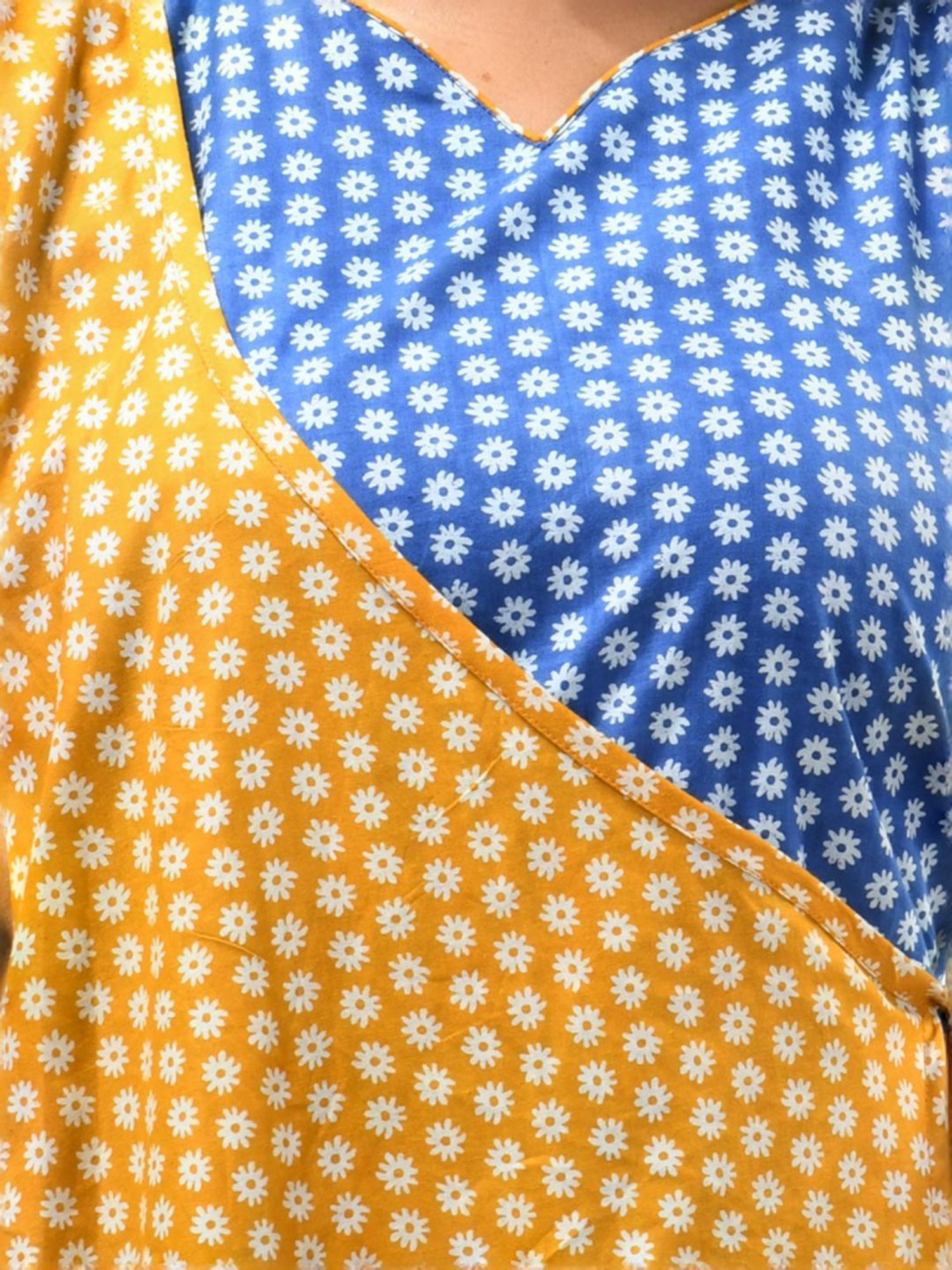 CHARUKRITI Blue & Yellow Cotton Printed Angrakha Kurta