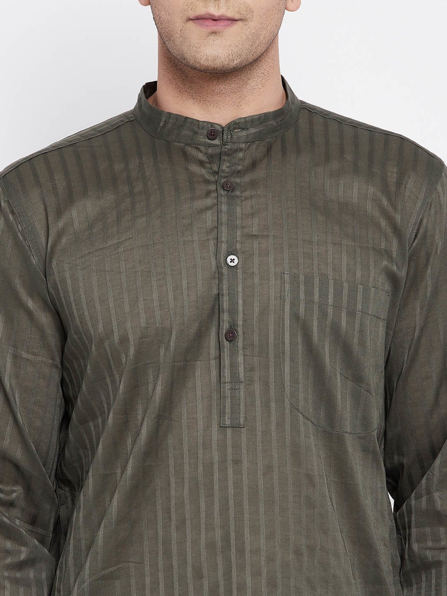 Even Dark Olive Striped Mandarin Collar Kurta