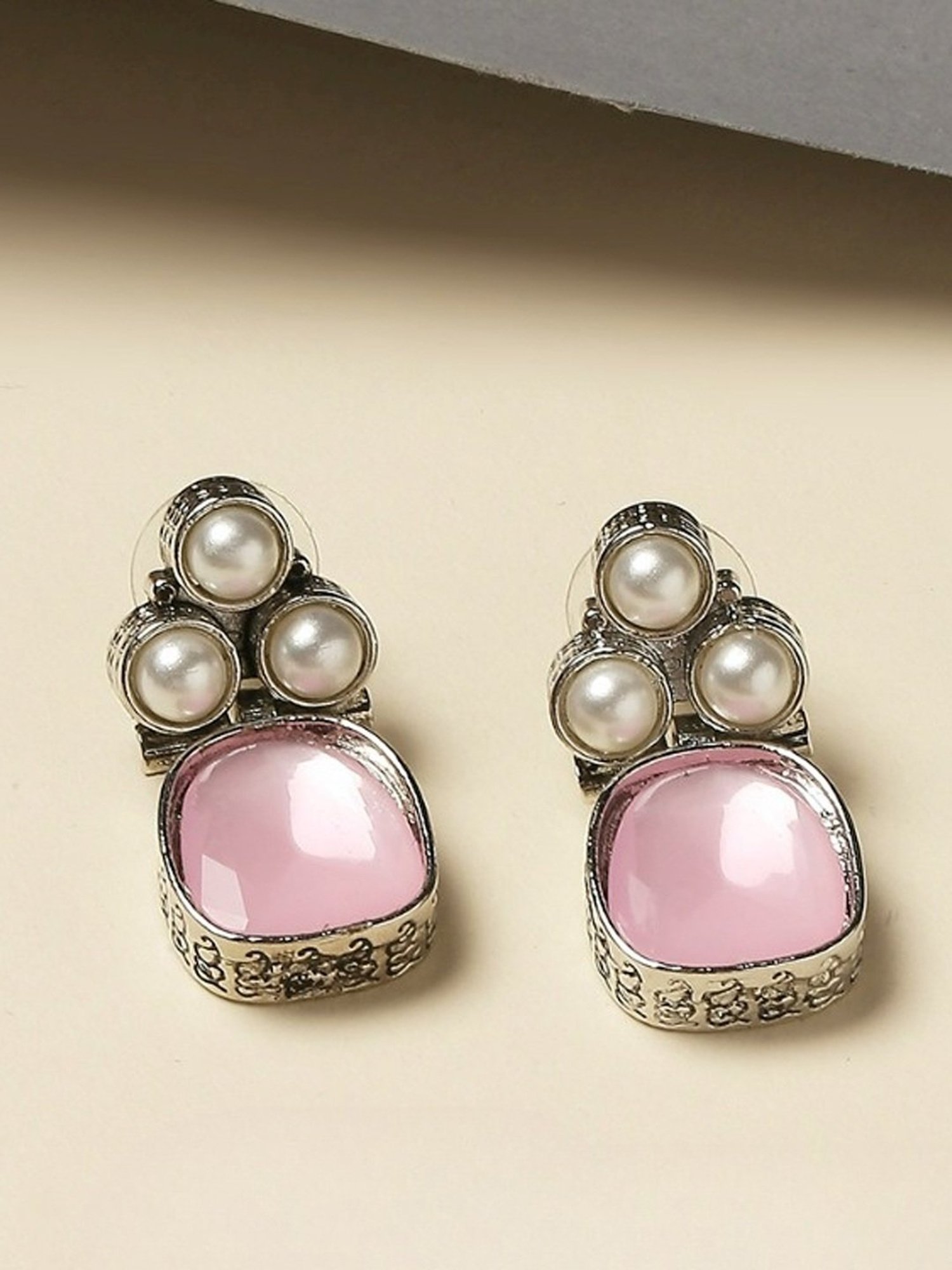 Oomph Jewellery Oxidized Silver Small Ethnic Pink Opal Moonstone Drop Earrings
