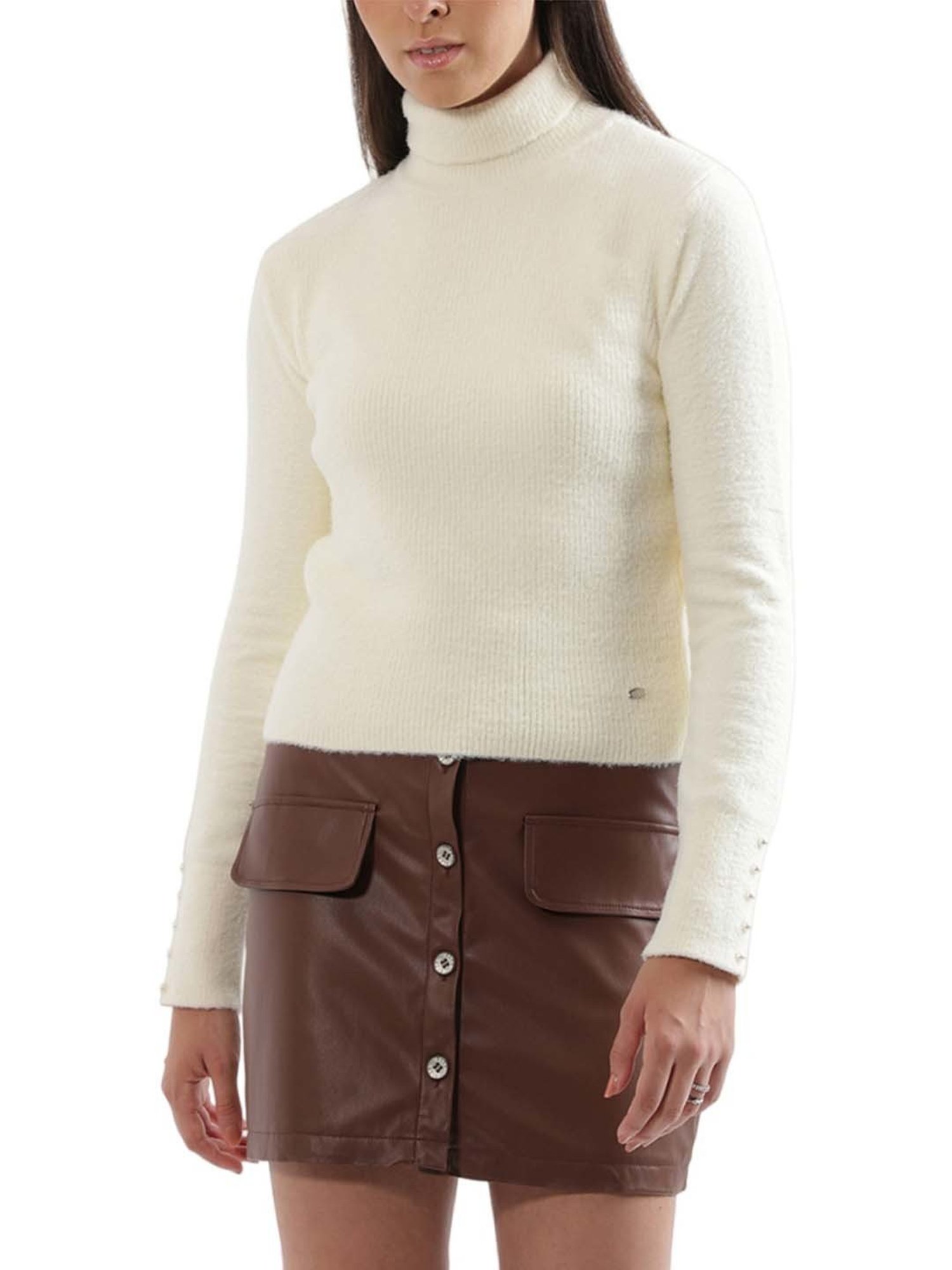 Elle White Self Pattern Sweater