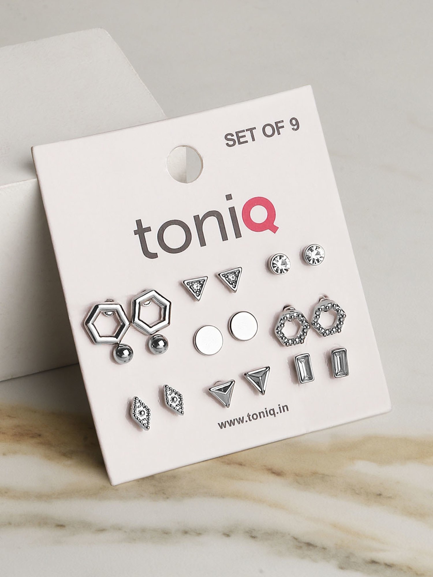ToniQ Silver Plated Geometric Stud Earrings Combo For Women - Set of 9