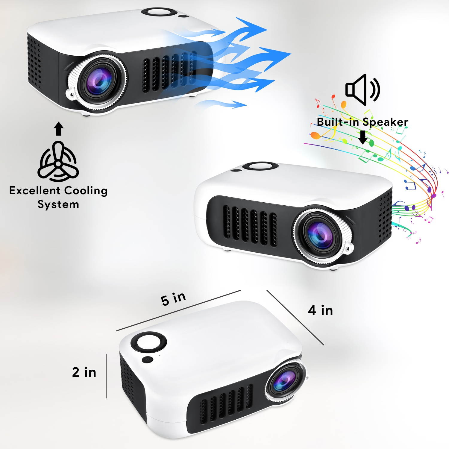 Dartwood Portable Mini Projector with HDMI, USB, and TF Memory Ports - Enhance Your Movie, TV and Gaming Experience in the Office or Bedroom (White)