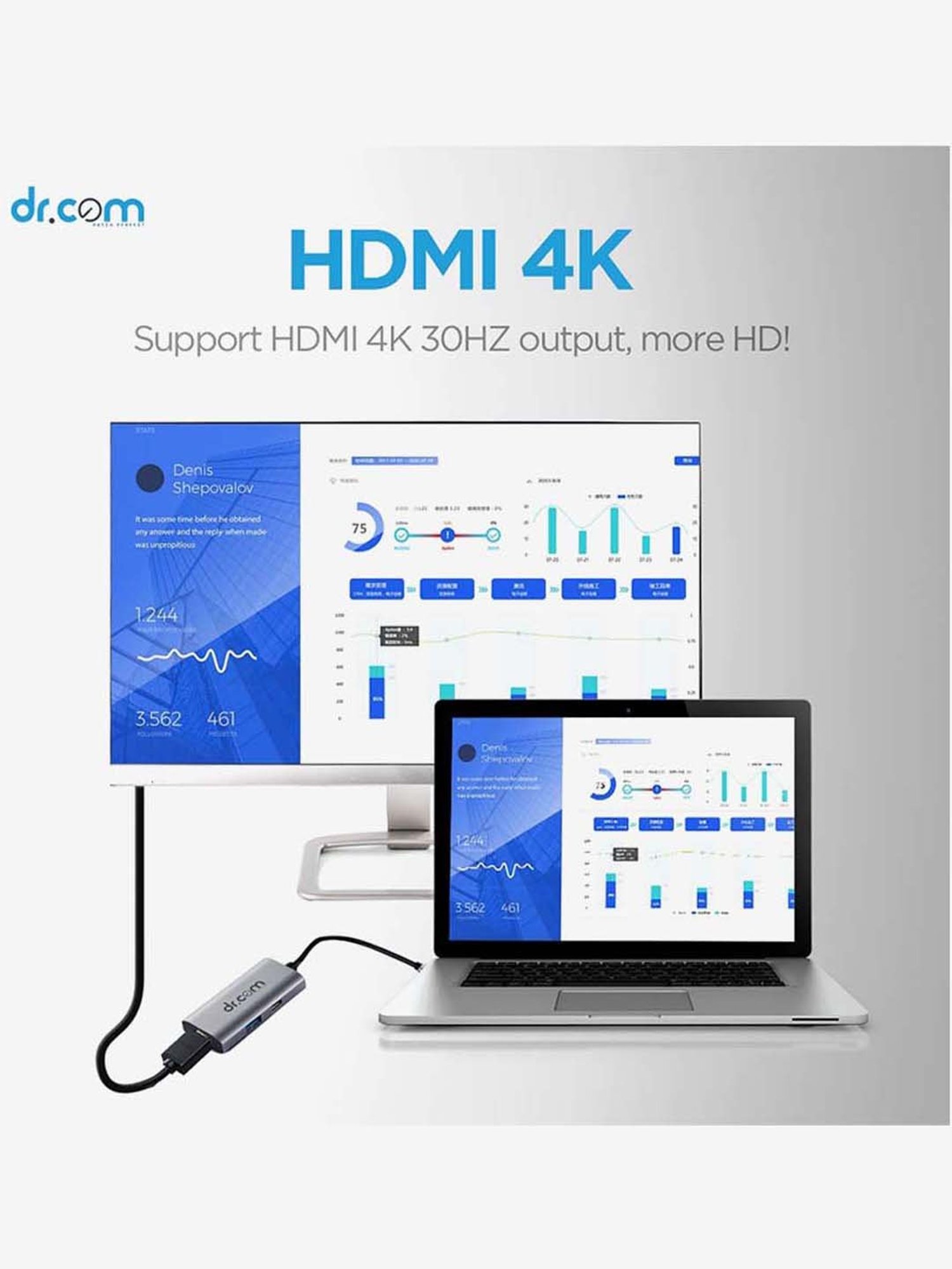Dr.Com DCH-300 3-in-1 USB C to HDMI and USB 3.0 Adapter with upto 100W Charging (Grey)