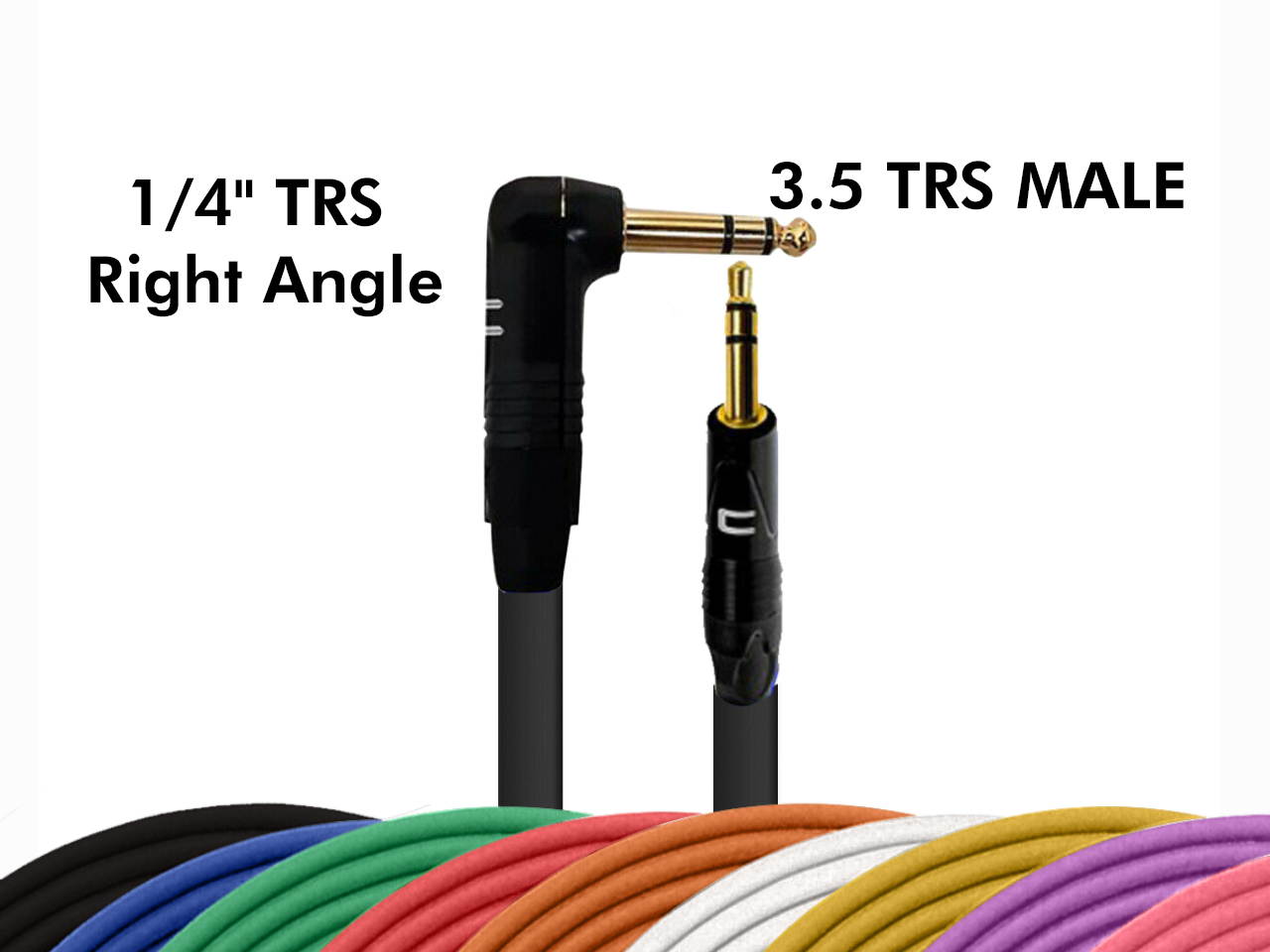 Right Angle 1/4" TRS to 3.5 Balanced Cable Custom Length, Color Stereo Connector