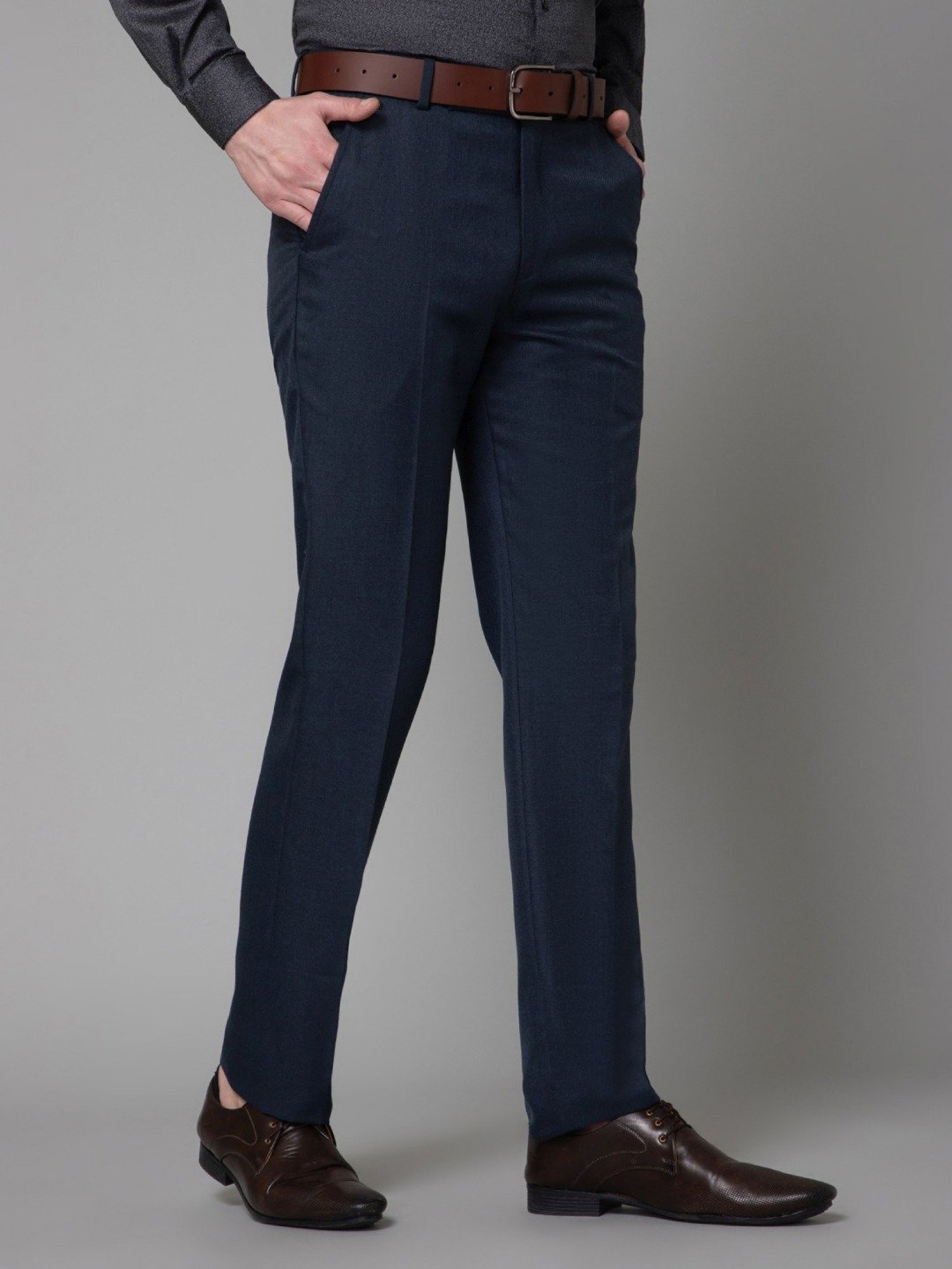 Cantabil Navy Regular Fit Self Pattern Trousers