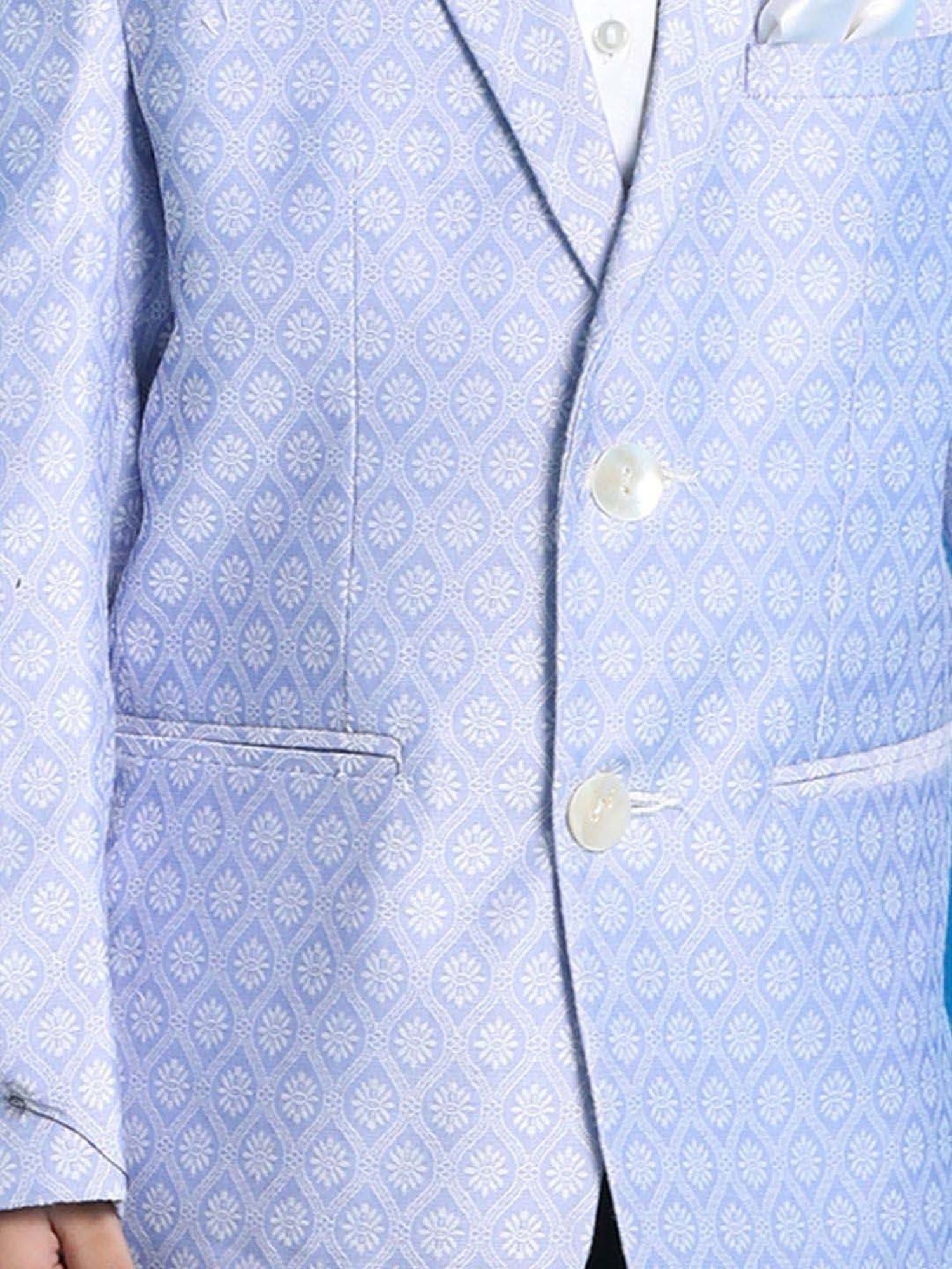 VASTRAMAY Boys Blue Floral Full Sleeves Blazer & Waistcoats